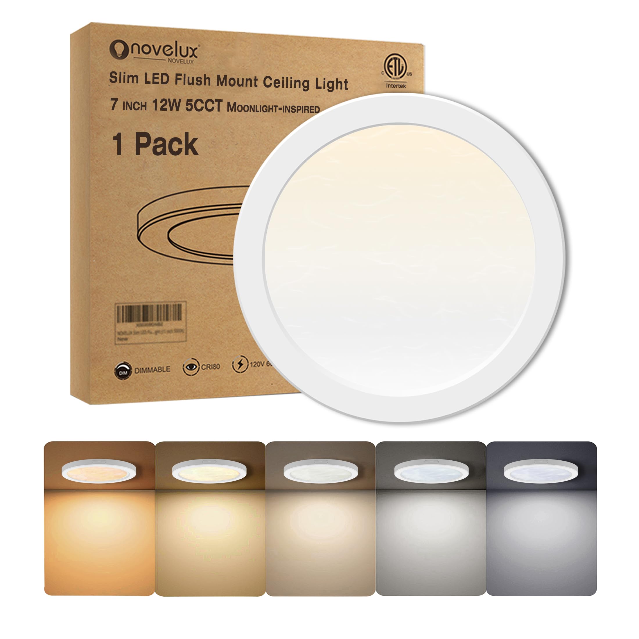 Novelux 7.3'' Flush Mount Ceiling Light Dimmable With Etl Cert, 5Cct Led Ceiling Lights Moon Style Round Ceiling Light Fixture F