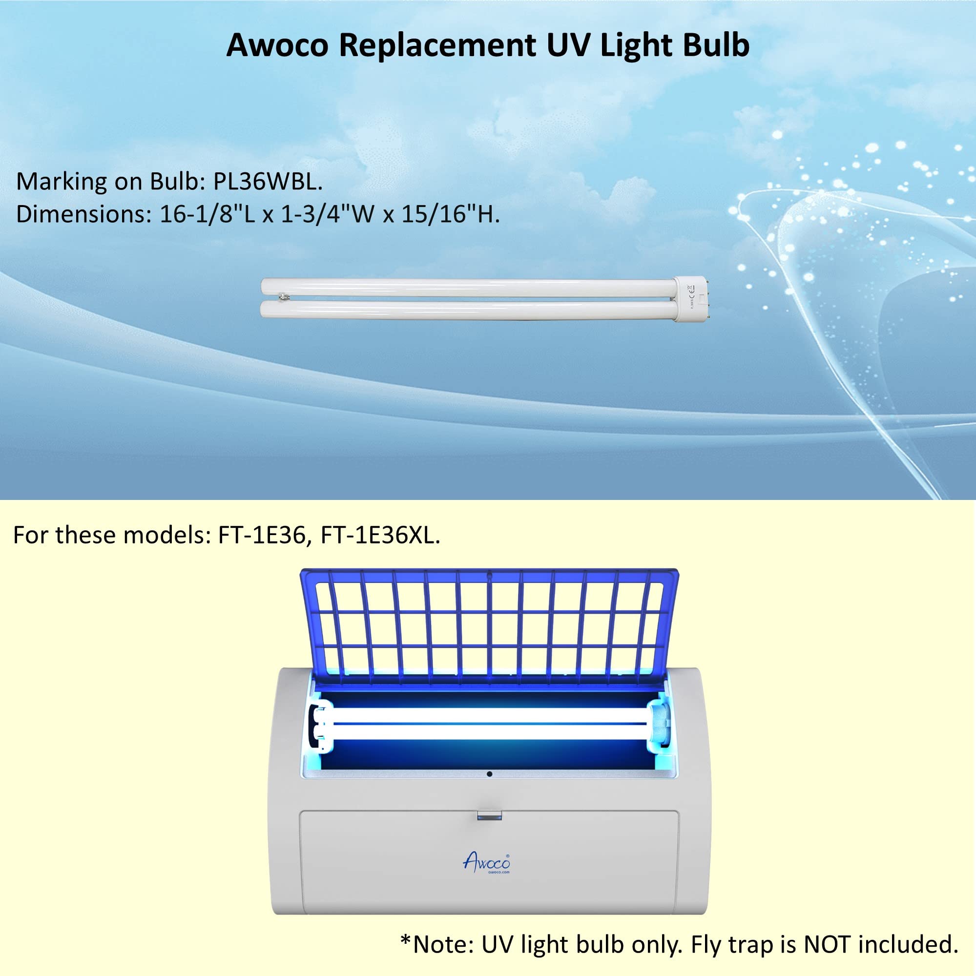 Awoco Pl 36W Bl Fluorescent Uv Light Bulb For Wall Mount Sticky Fly Trap Lamp Ft-1E36 (36W)