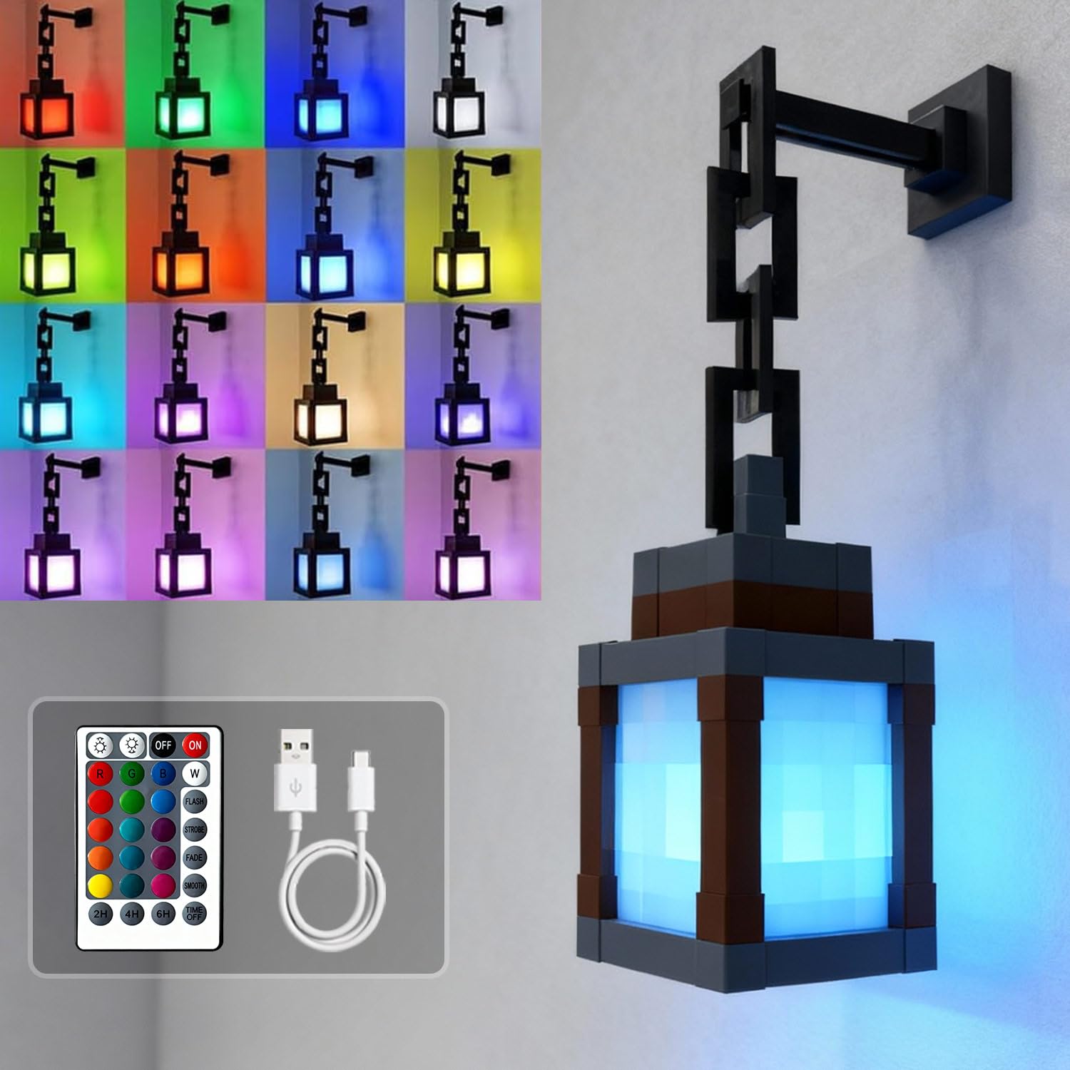 LOUHH Pixelated Lantern Night Light, 16 Color LED Wall Night Light with Remote Control - Rechargeable Retro Pixel Style Table La