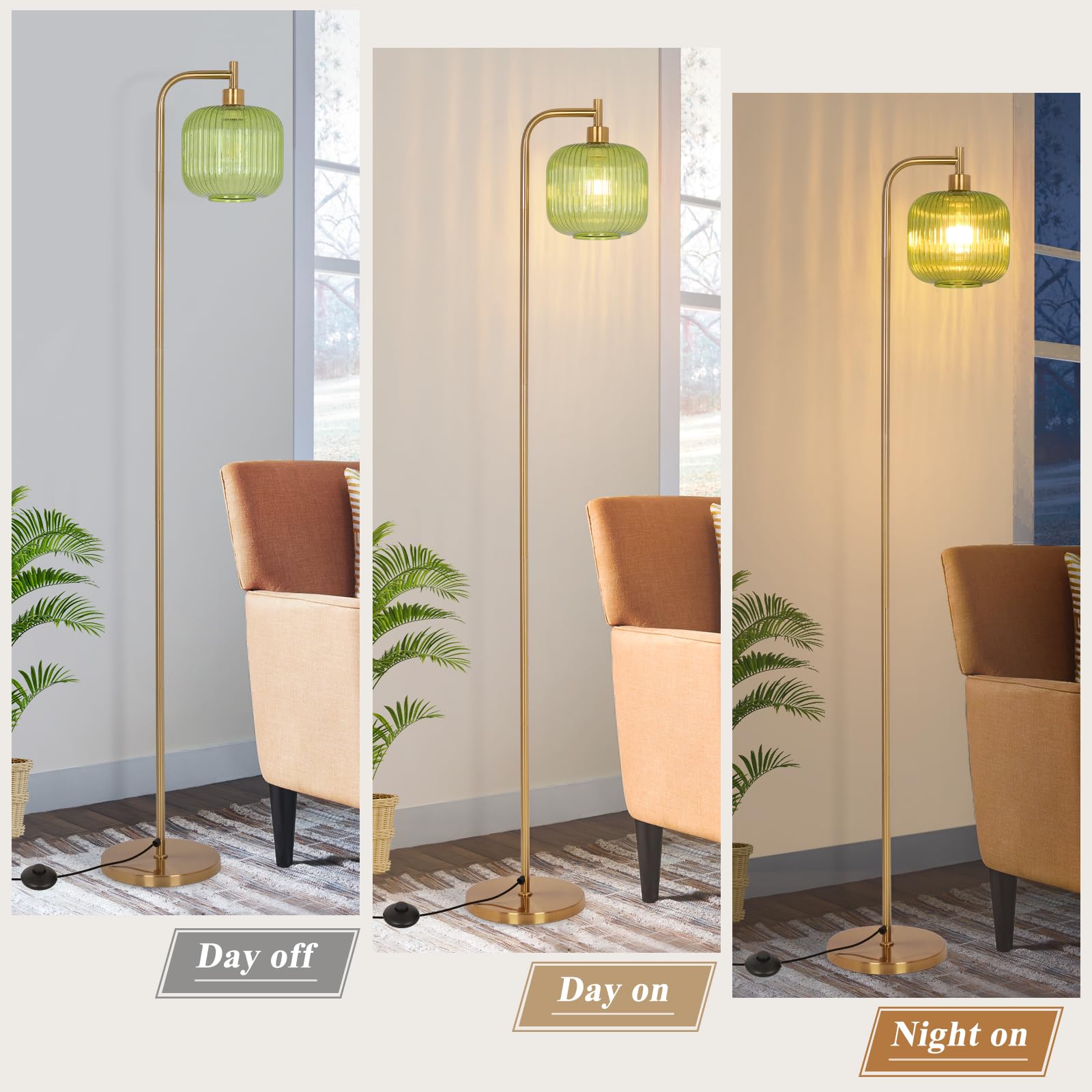 Adisun Glass Floor Lamp For Living Room, Modern Floor Lamp Ribbed Glass Lampshade Pedal Switch, Tall Lamp For Bedroom Study Room