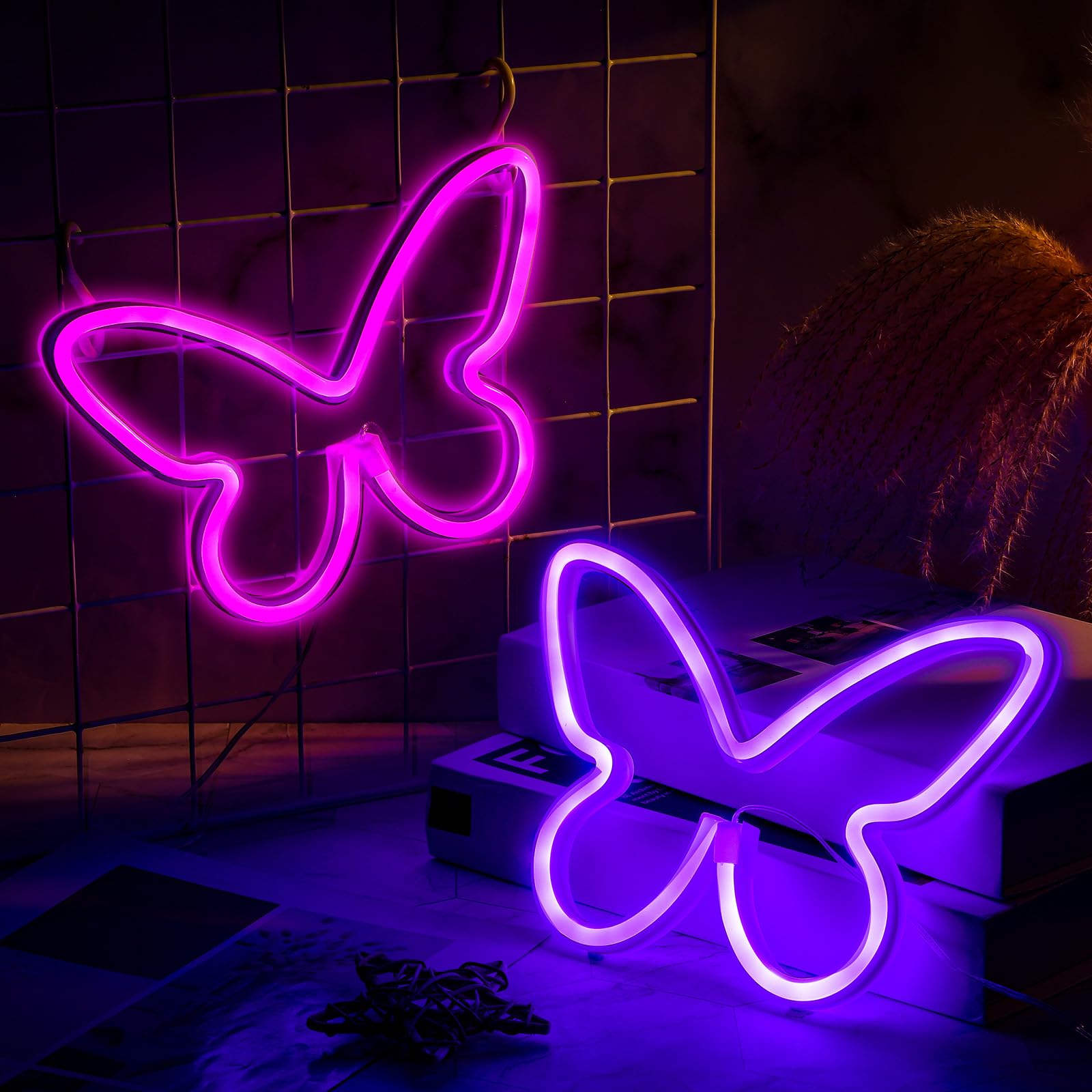 Riakrum Butterfly Neon Signs LED Light, 3AA Battery/USB Operated, Purple & Pink, Wall Decor for Home, Bedroom, Birthday Party, Model SW-Riakrum-2642