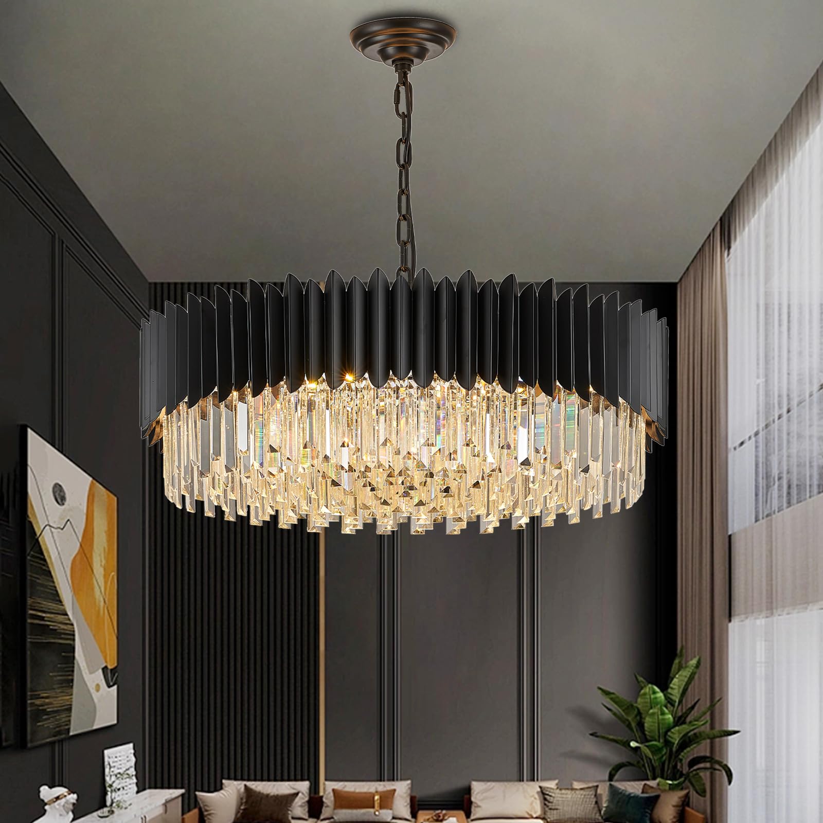 Yolizuot Black Crystal Chandelier 30'' K9 Crystal Round Pendant Lights Adjustable 6-Tier Large Modern Crystal Chandelier Light 1