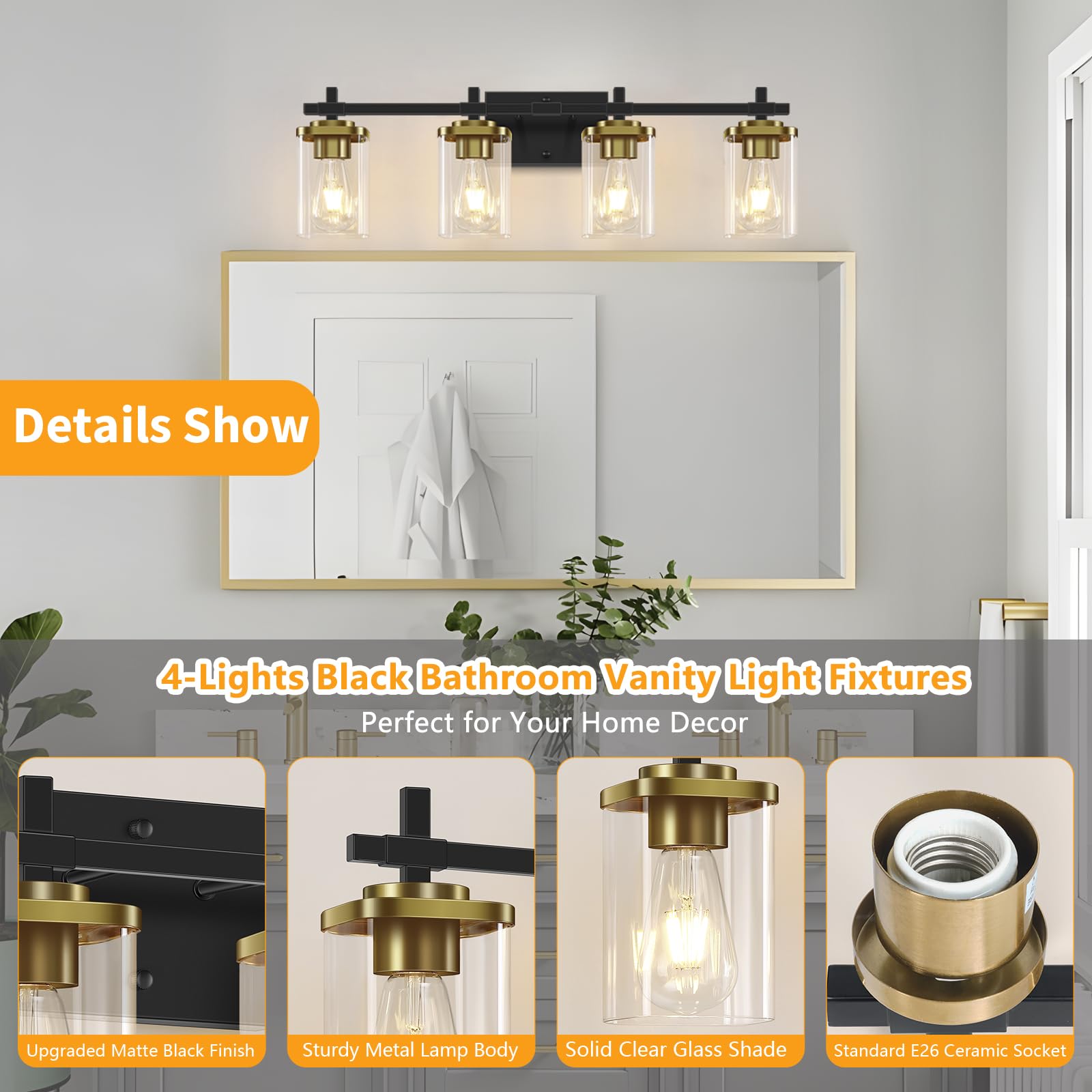 Spiglamm 4-Lights Black And Gold Bathroom Vanity Light, Modern Bathroom Wall Sconces Lighting With Clear Glass Shade, Gold Vanit