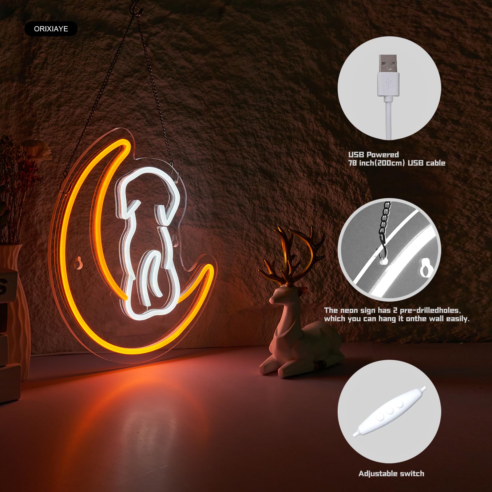 Dog Neon Sign Moon LED Lights for Wall Decor Teen Room Decor Gifts for Birthday Kids Room Art Decor Boys Room Decor Playroom Dec