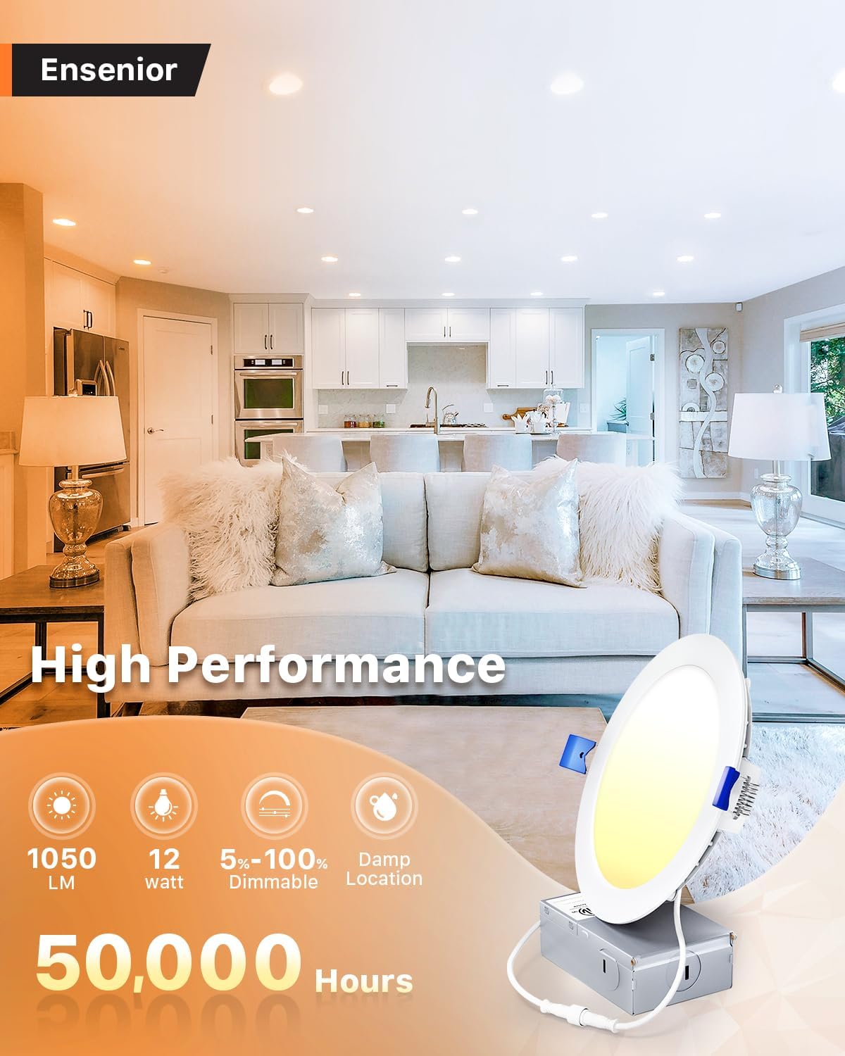 Ensenior 4 Inch Dimmable LED Recessed Light, 2700K-5000K 5CCT, Ultra-Thin, 750LM, 9W, Damp