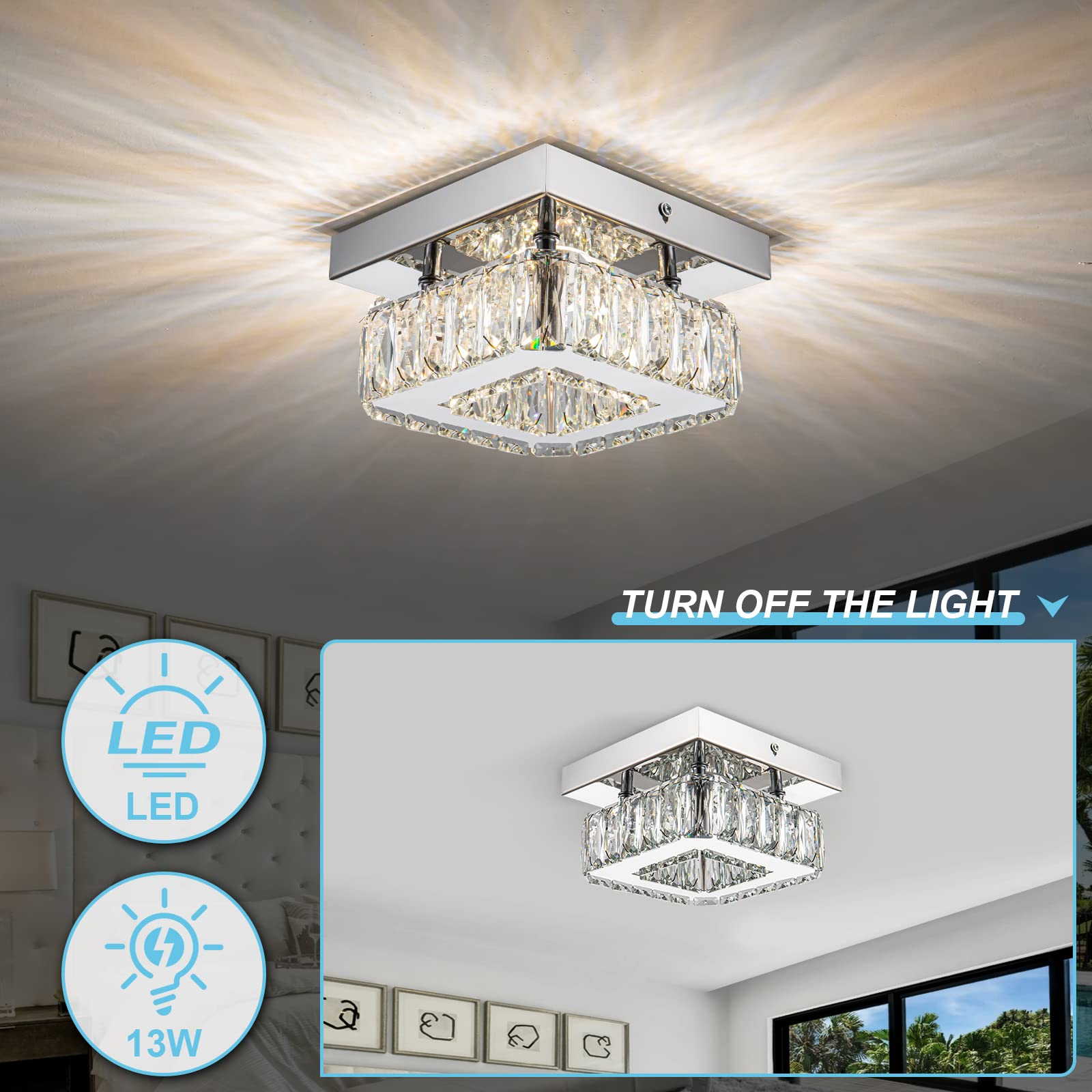 Homlaiting Crystal Ceiling Light Fixture - Square Flush Mount Dimmable Led Chandelier For Bedroom, Hallway, Kitchen, Bathroom