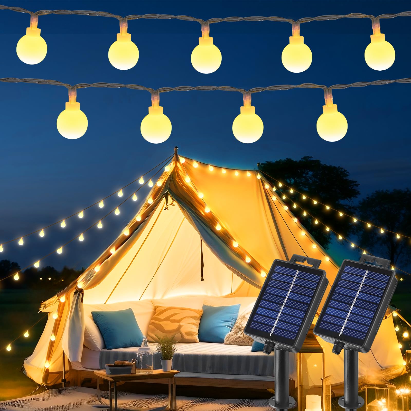 Brightown Solar String Lights, 200 LED Globe, 66Ft Total, Waterproof, 8 Modes, Warm White, Model Globe-ww-100d-2PC, 2 Packs