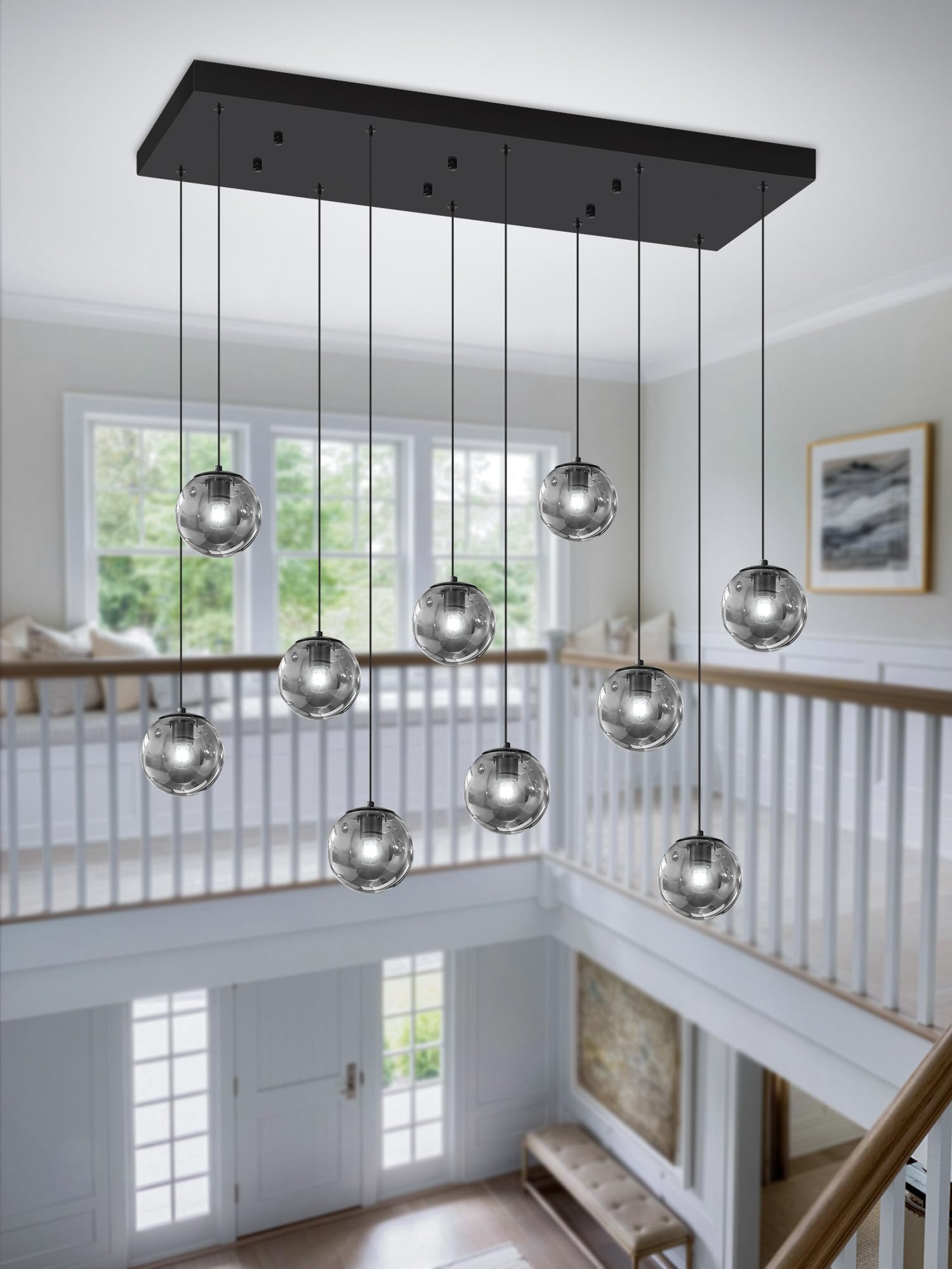 ykolupty Rectangular Chandelier 10-Light Smoke Gray Metal Fixture for Dining Room, Living Room, Foyer, Model TP3016-YH-10H-CT