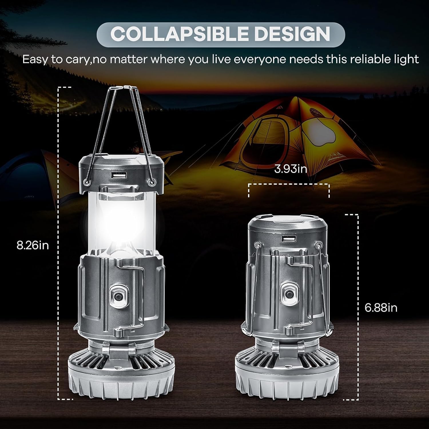 SZJIEIFR Solar Camping Lantern with Fan, USB Rechargeable, Battery Powered, Silver Gray, Model SFMD-002, Collapsible, 1 Pack