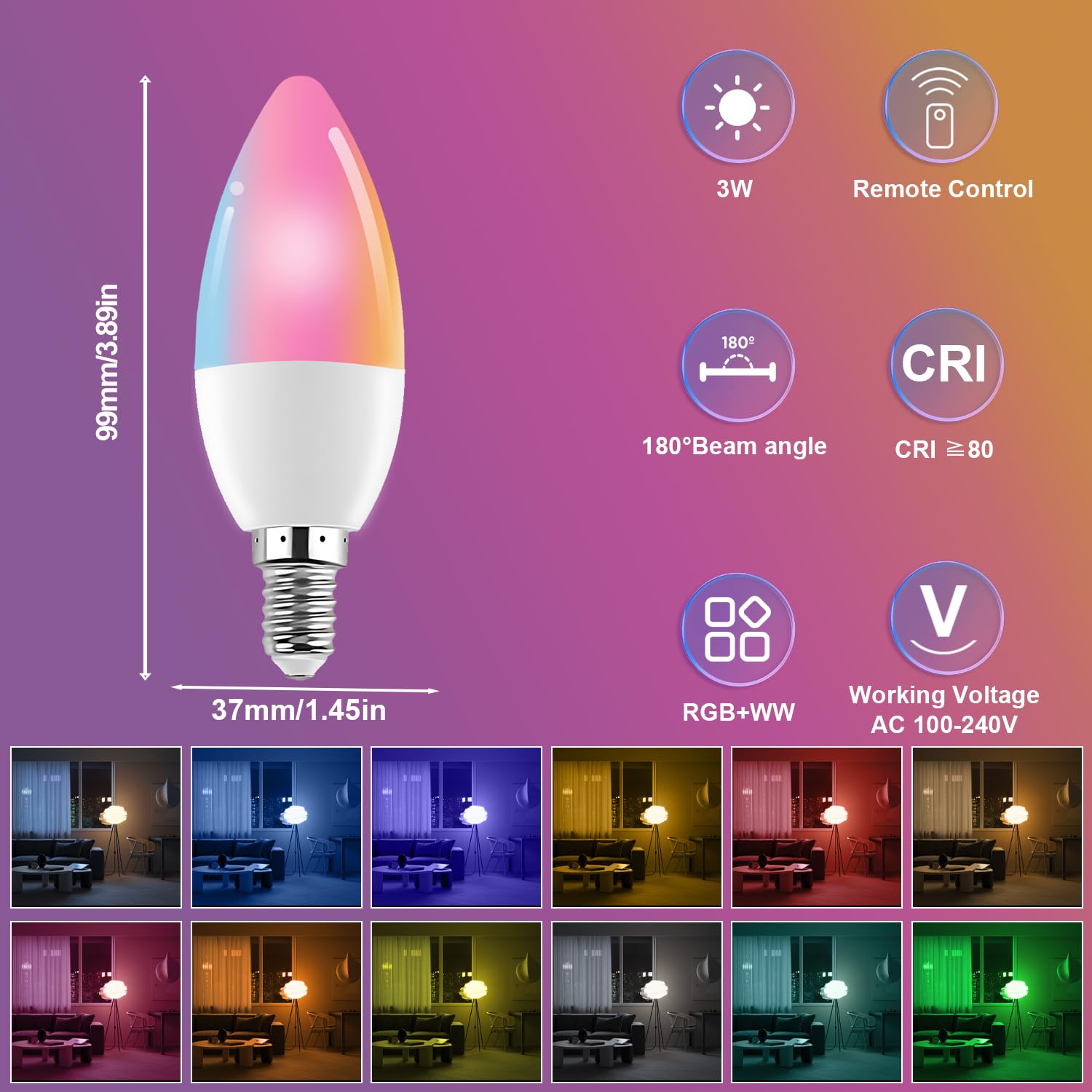 Xrise E12 Led Bulb 3W Color Changing Candle Light (Rgb + Warm White) 12 Colors  3000K  Remote Control Included (2 Remote) Decorative Candle Lamp For Stage Home Decor 4 Pack