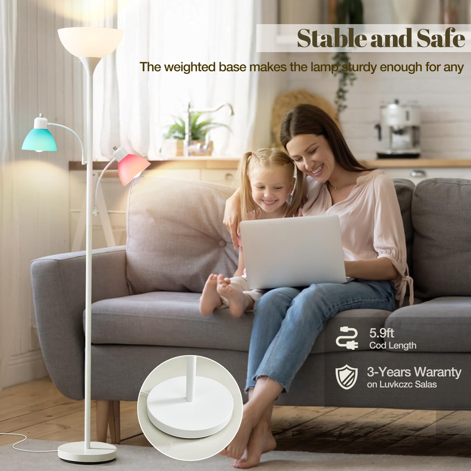 Luvkczc White Floor Lamp, 72'' Tall Standing Floor Lamp With 5 Replace Lampshades, Torchiere Lamps With 8W Adjustable Reading Li