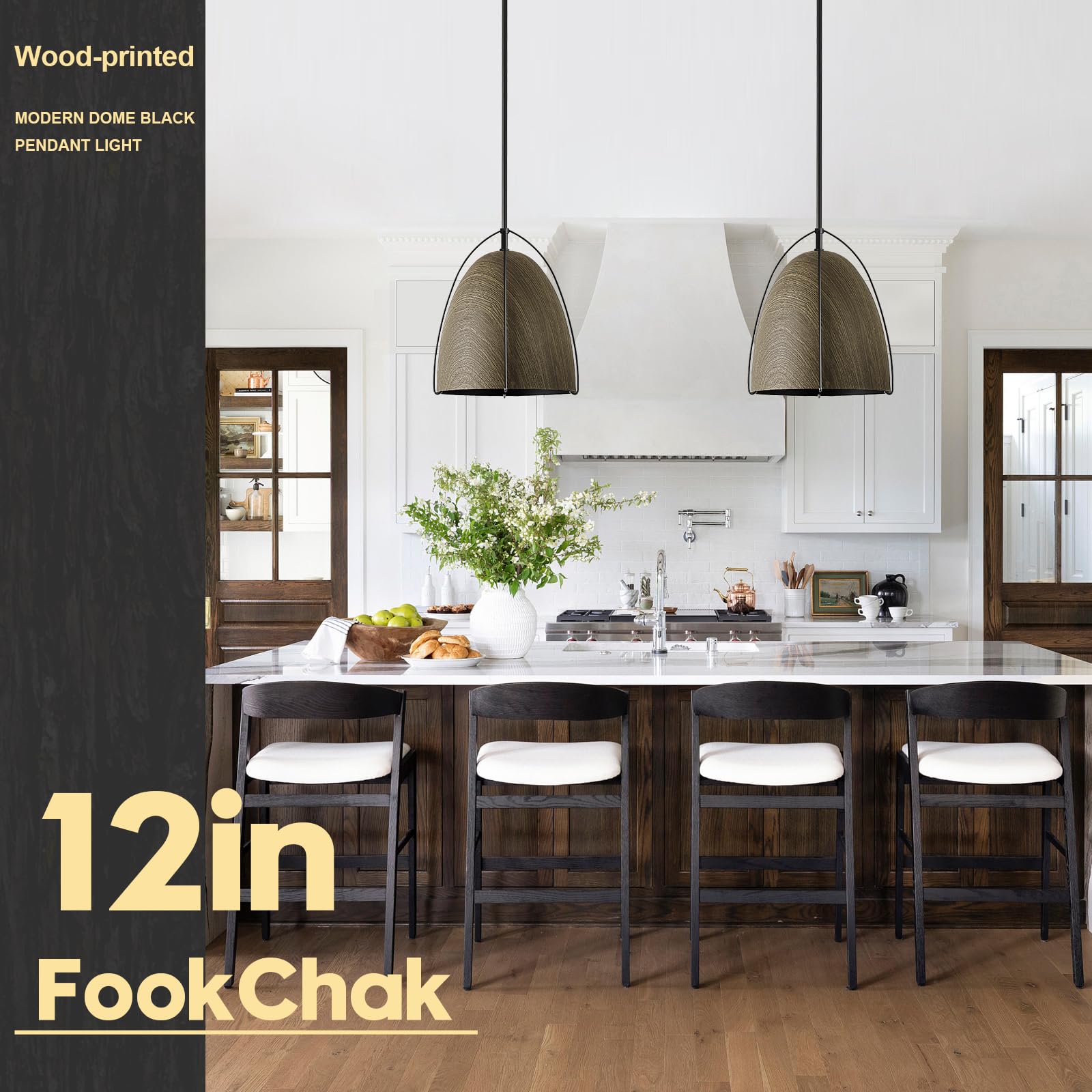 Fookchak Large Dome Pendant Light 3-Light Kitchen Pendant Light Fixture 12In Wood Printed Black Pendant Lighting For Kitchen Isl