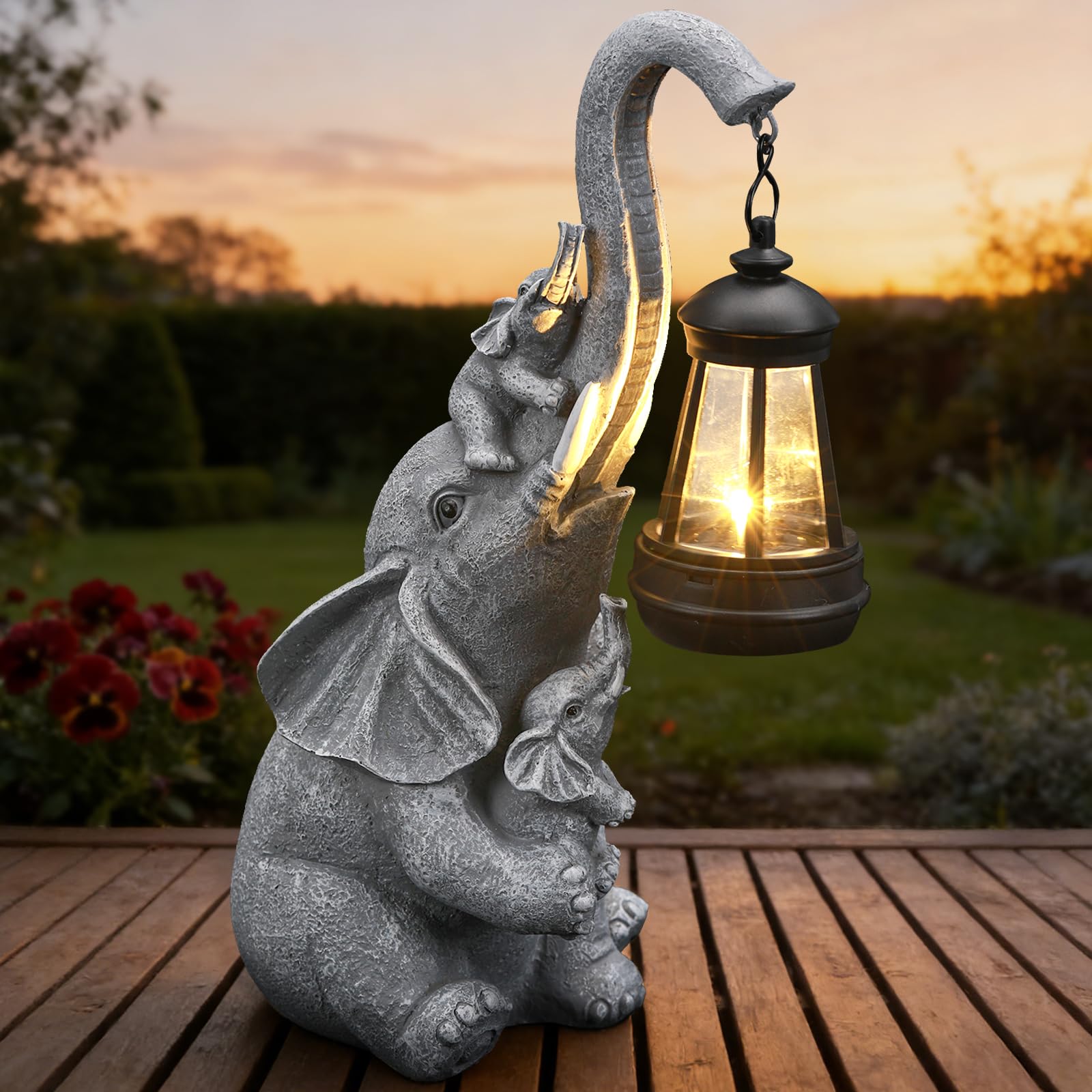 IDEA SHOW Solar Outdoor Garden Decor  Elephant Statue with Lantern for Patio  Yard Ornament and Lawn Decoration  Birthday Housewarming Gift for Mom  Wife  Gardeners