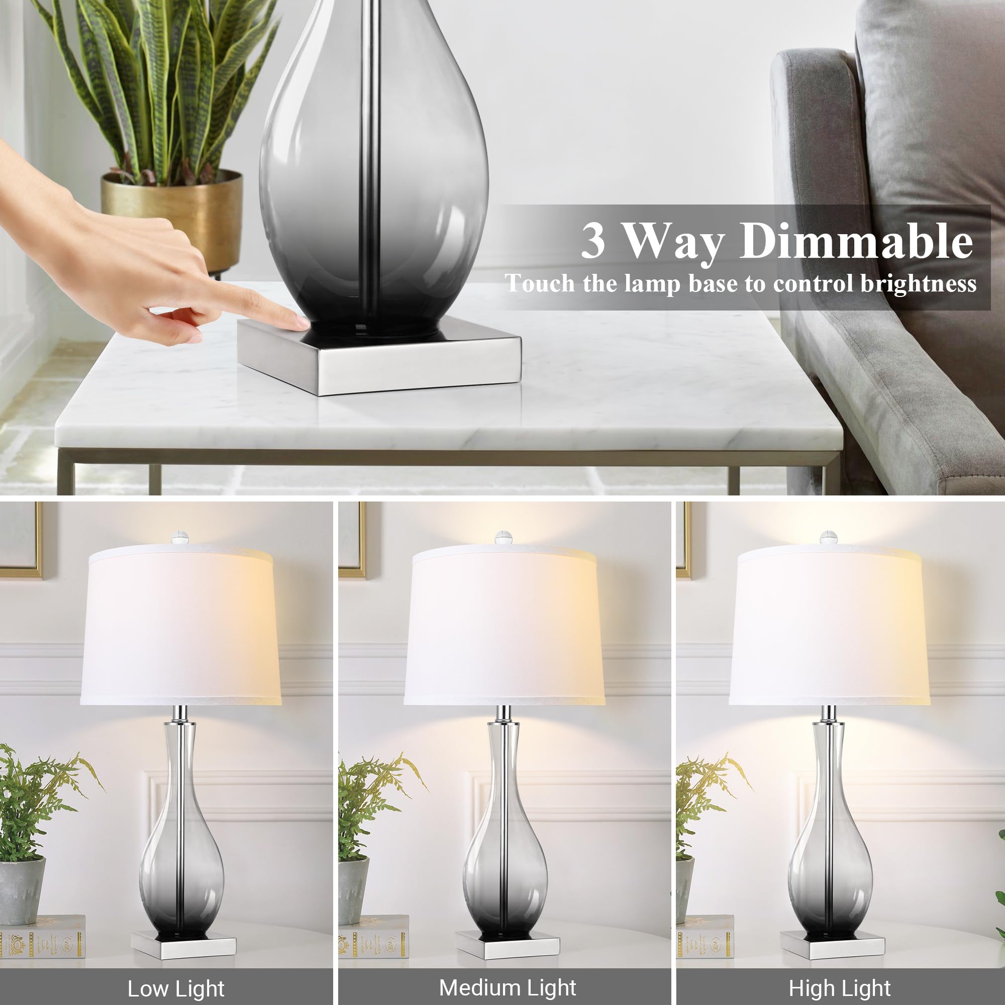 WIHTU Table Lamps Set of 2, Modern Glass, 3-Way Dimmable, 27in Bedside Desk Lamps with USB C and A Charging Ports, Gray, WTLP357