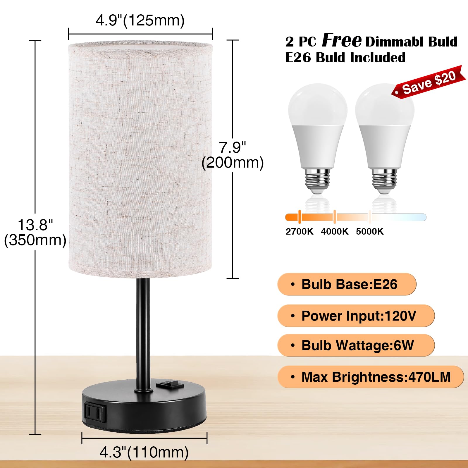 Zjojo 3-Way Dimmable Table Lamps Set Of 2 With Ac Outlet, Flaxen Shade & Black Base For