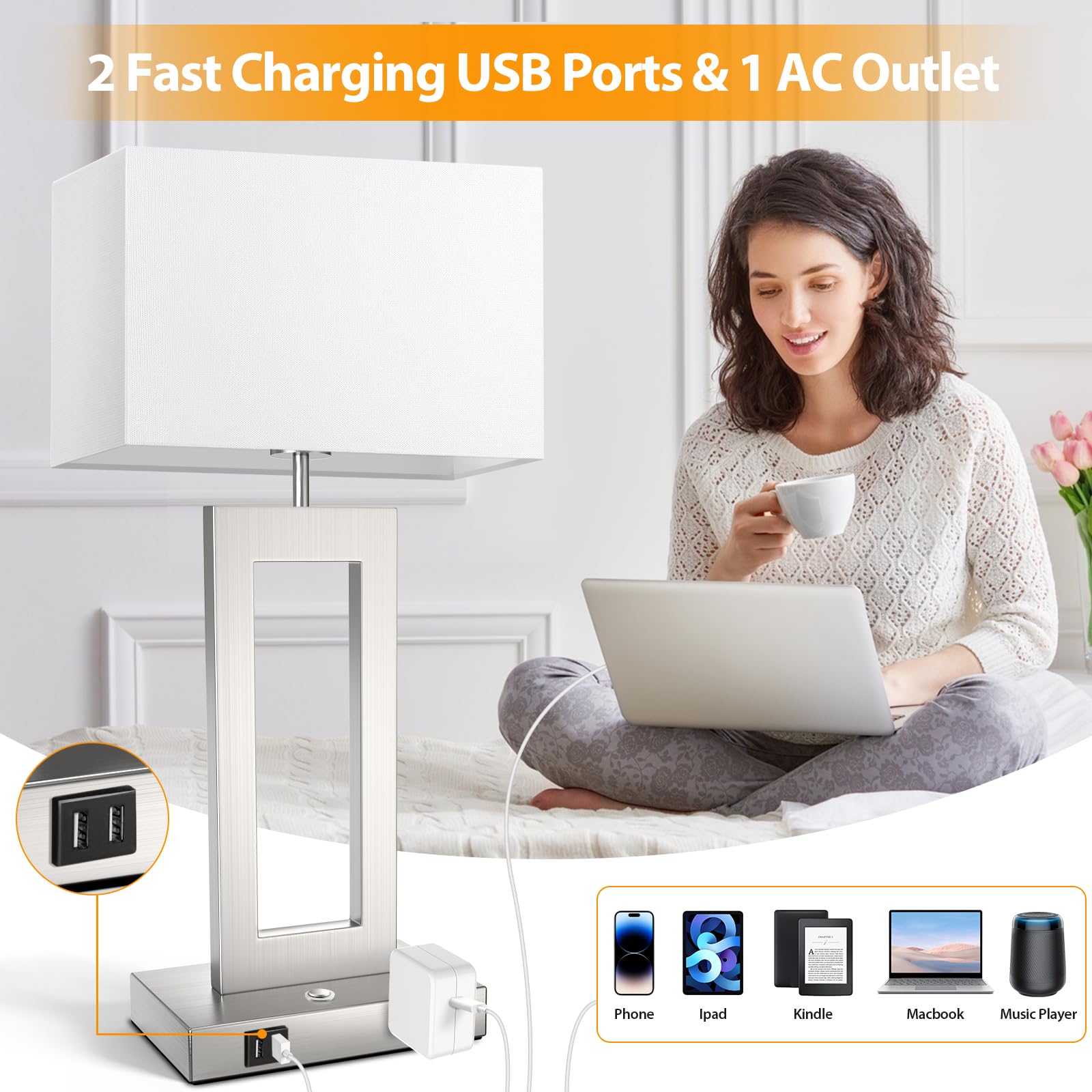 22 Touch Control Table Lamps Set Of 2, 3 Color Temperatures Bedroom Bedside Lamps, Modern Silver Dimmable Lamps With Usb Ports &