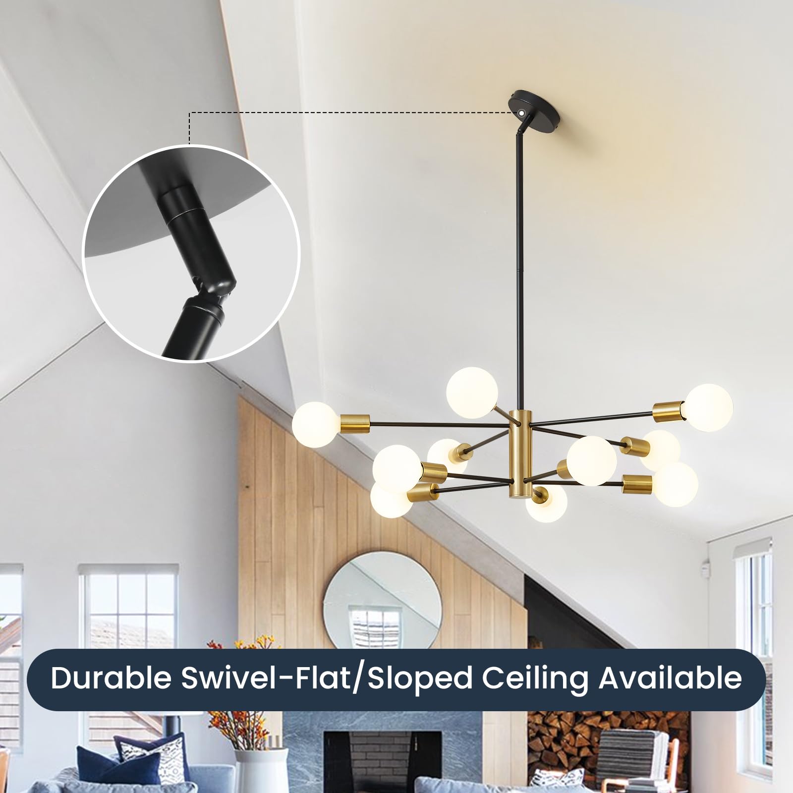 RUIYEY 10-Light Sputnik Chandelier, Modern Black and Gold Metal Ceiling Light Fixture for Kitchen Island, Living Room, Dining Room