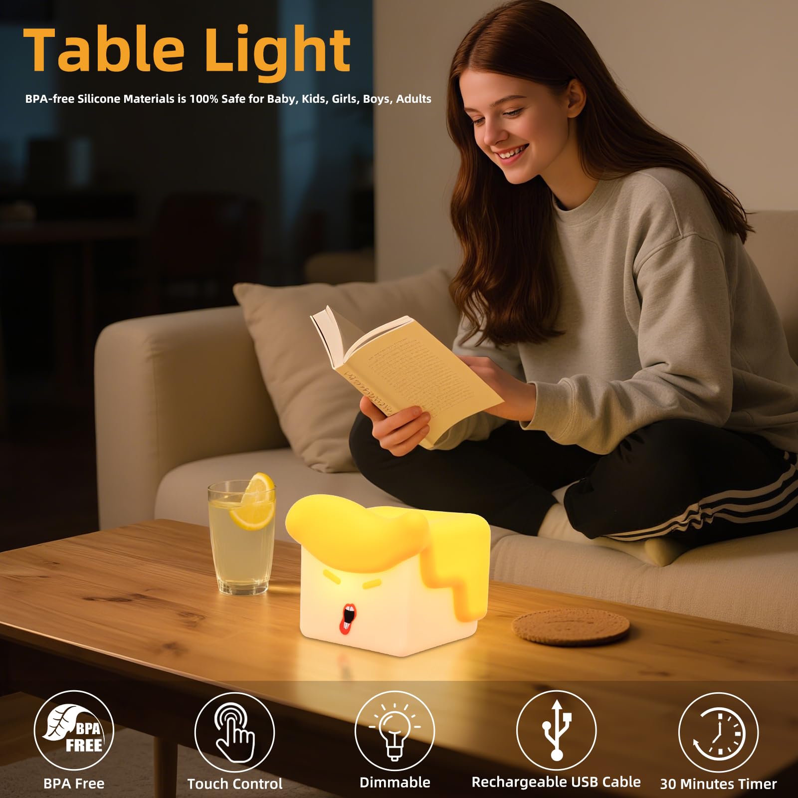Tcamp Silicone Touch Lamp - Dimmable Yellow Bedside Light, Rechargeable, Model RY-TLPYD