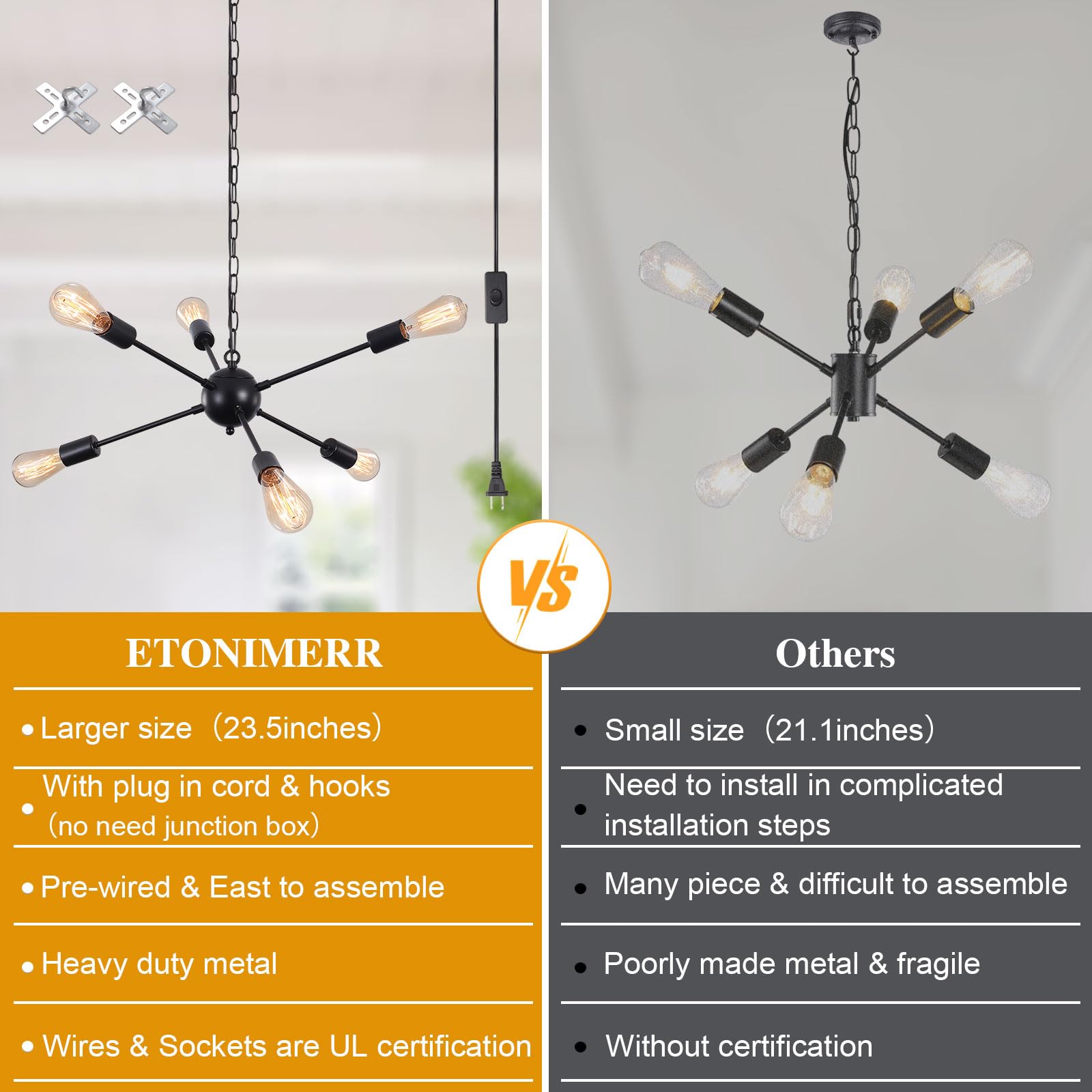 Etonimerr Plug In Chandelier 6 Light, Modern Hanging Lights With Plug In Cord 16.4Ft & On/Off Switch Plug In Sputnik Ceiling Light, Black Plug In Pendant Light For Kitchen Dining Living Room Bedroom