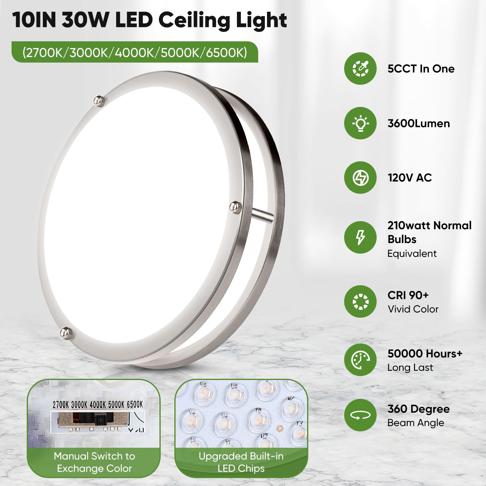 10In Led Flush Mount Ceiling Lights, 5Cct Dimmable Kitchen Light Fixtures, 2-Pack Modern Led Ceiling Lights, 3600Lm Super Bright
