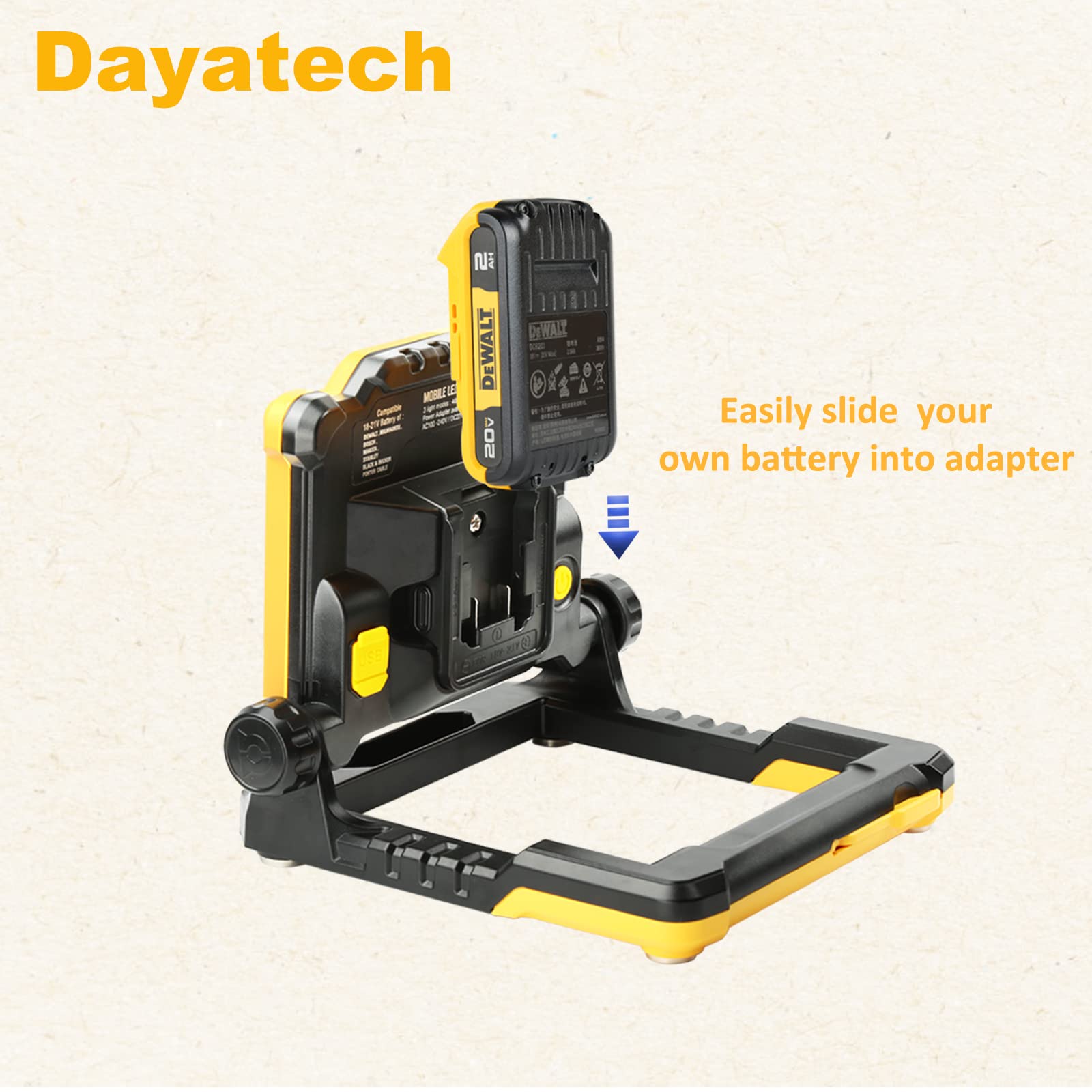 Dayatech Cordless Led Work Light Compatible With Dewalt And Milwaukee 18-20V Battery Flickerless, 4000 Lm 25 W Brightness Adjustable, Foldable Base With Magnets, (Light Only/Charger Not Included)