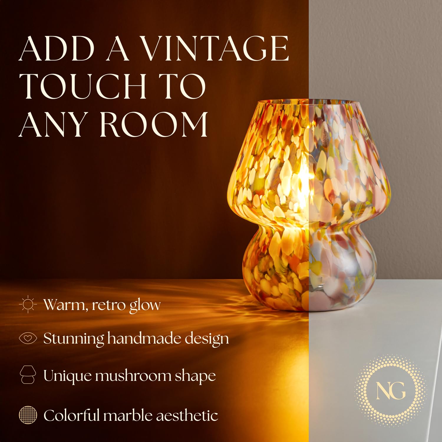 Next Glow Mushroom Lamp – Dimmable LED Night Light, Small, Glass, Colorful Marbled Magic, Model LT-0328-1