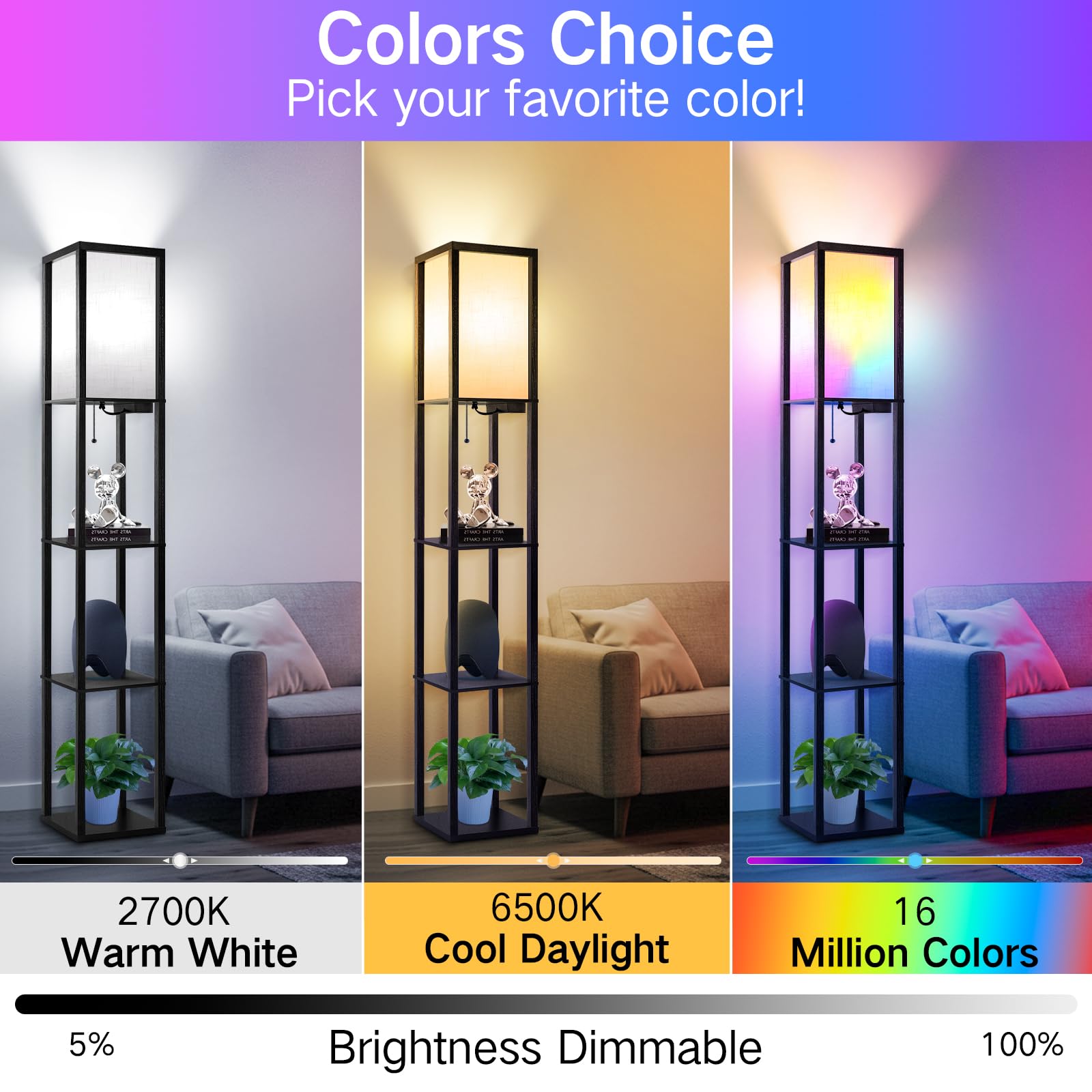 Outon Floor Lamp With Shelves, Led Dimmable Floor Lamp With Remote & App Control, Charging Station, Color Changing, Wood Column