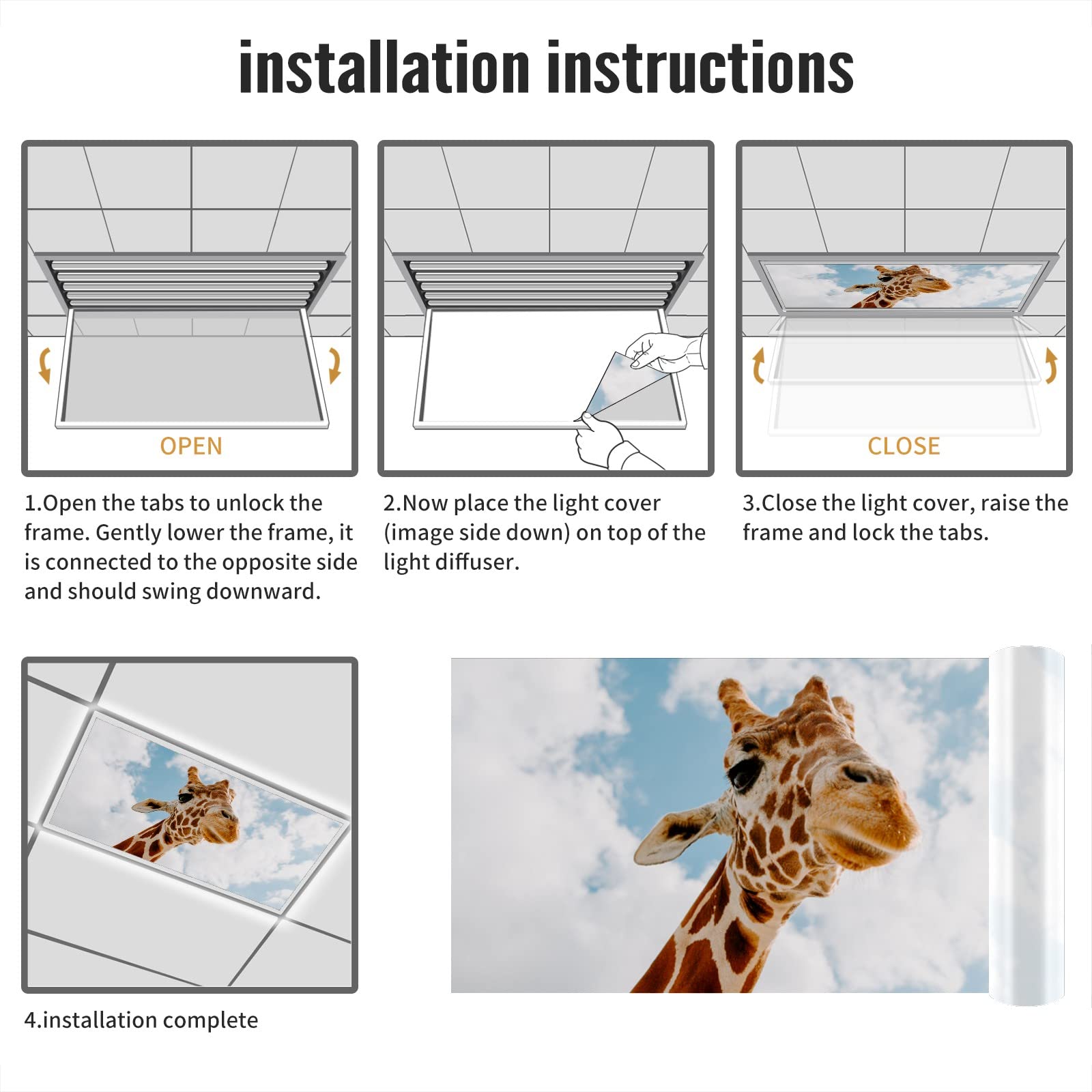 BIROSVSY Fluorescent Light Covers for Classroom - 2x4ft Backlit Film, Giraffe Design