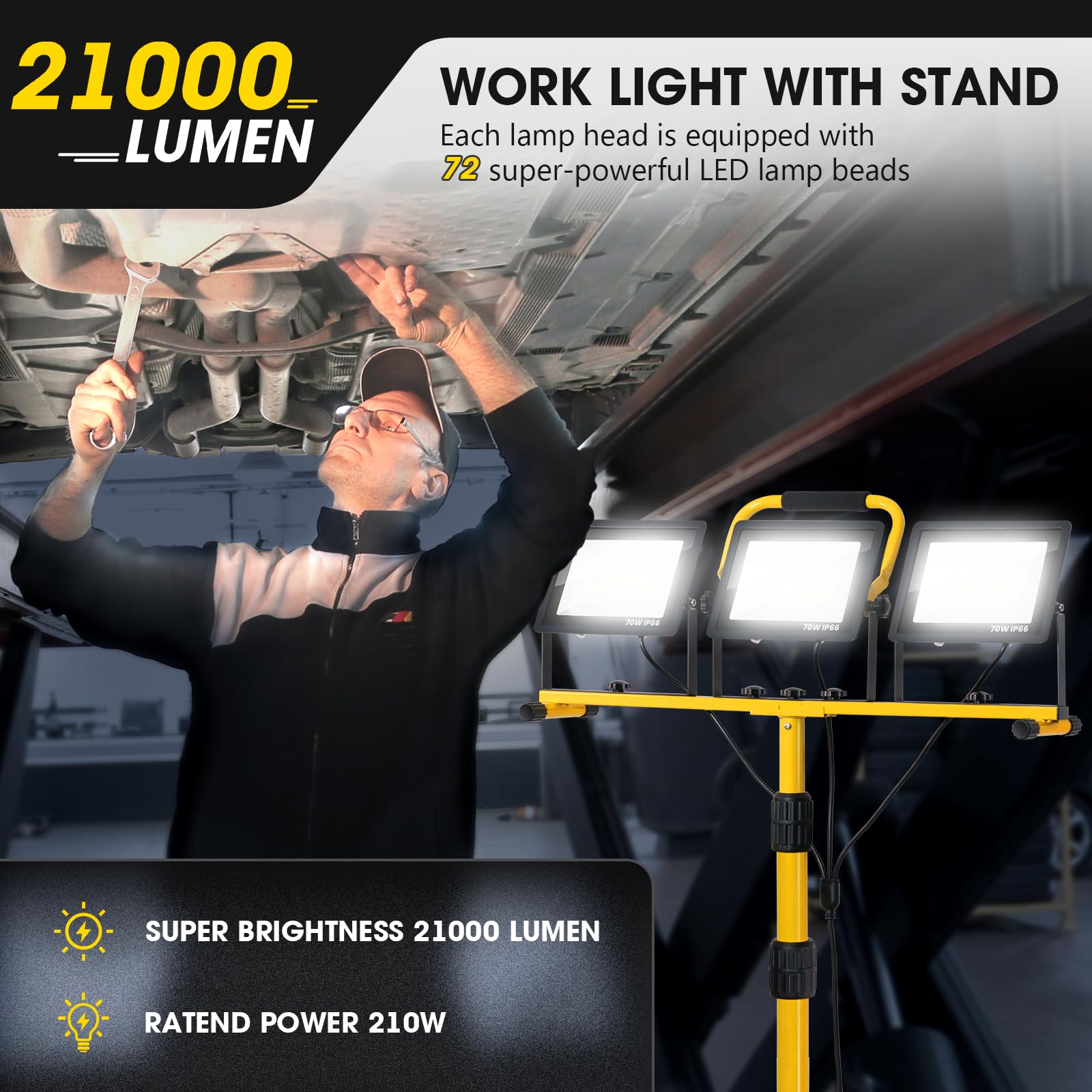 Zetunlo 21000Lumen Led Work Lights With Stand - 3 Head Portable Work Light With 16Ft Cord - Ip66 Waterproof Tripod Worklights Fo