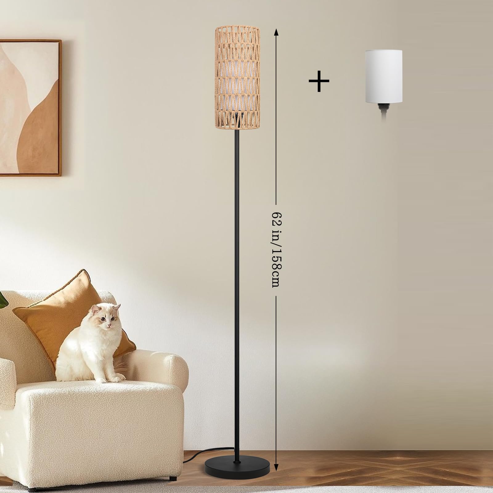 Ruiever Floor Lamp - Modern Rattan Standing Lamp with Dimmer LED Bulb, Mini Size, Black, Remote Control, Model FL-NATURAL SHADE