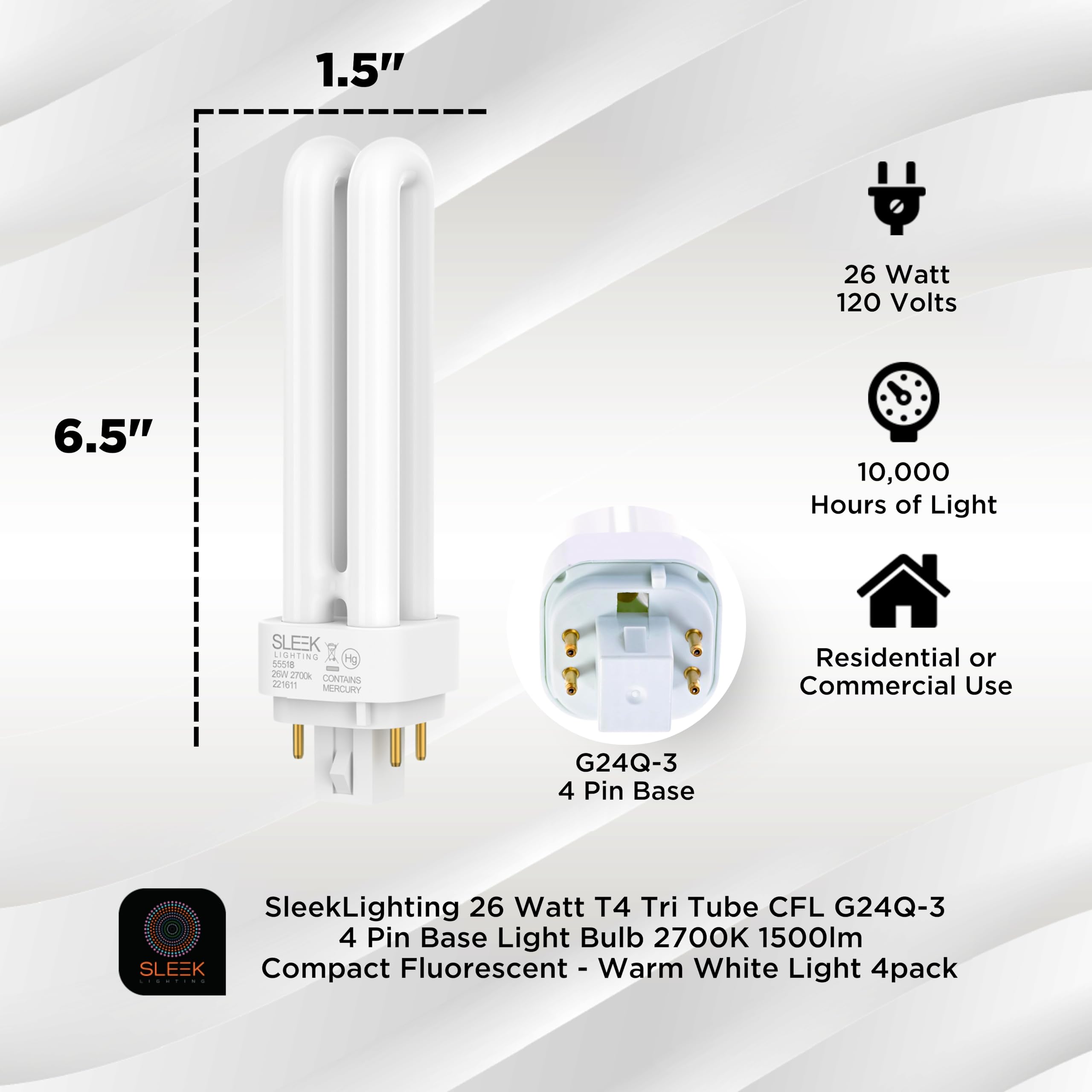 Sleeklighting 26 Watt T4 Double Tube Cfl 4 Pin G24Q-3 Base Light Bulb 2700K 1500Lm -Ul Listed,Compact Fluorescent -Warm White Li
