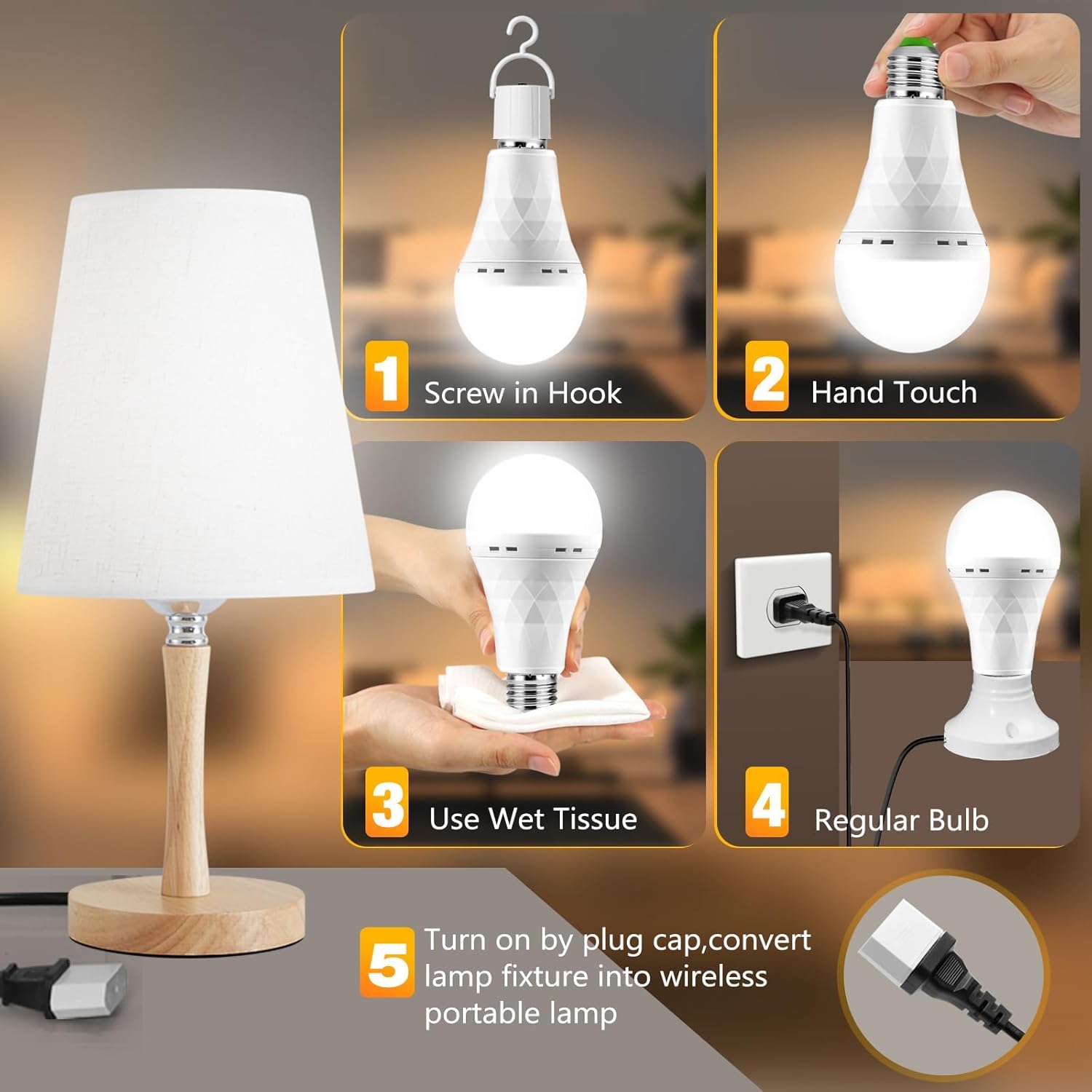 TFOI Rechargeable LED Light Bulbs, 1500mAh Battery Backup, Daylight, E26, 2 Pack, Plastic, White, Up to 28 Hours Runtime