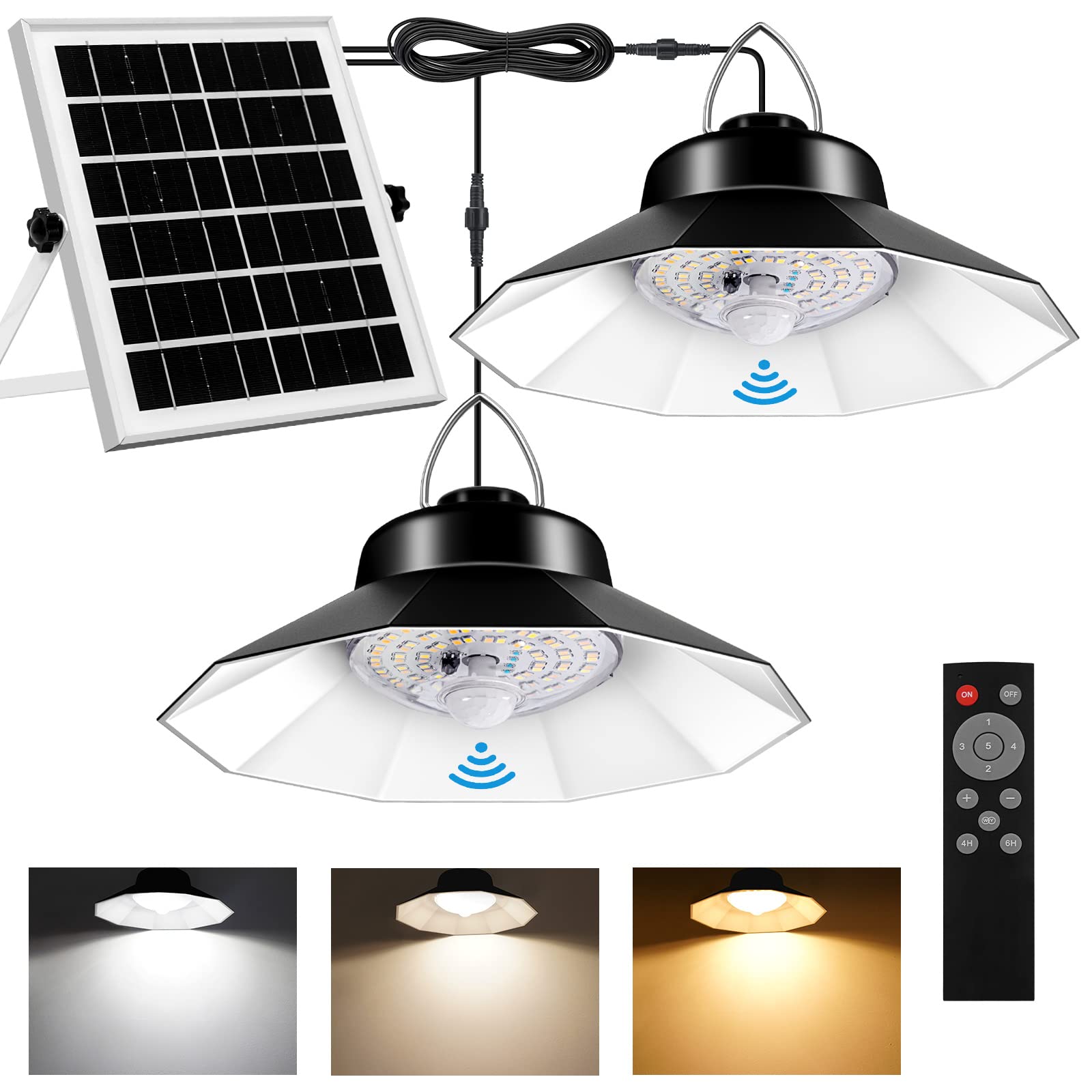 Aqonsie Solar Shed Lights - Indoor/Outdoor Dual Pendant, 1200LM, 3 Color Temperatures, 5 Modes, 2 Timers, Black, Model L-0004