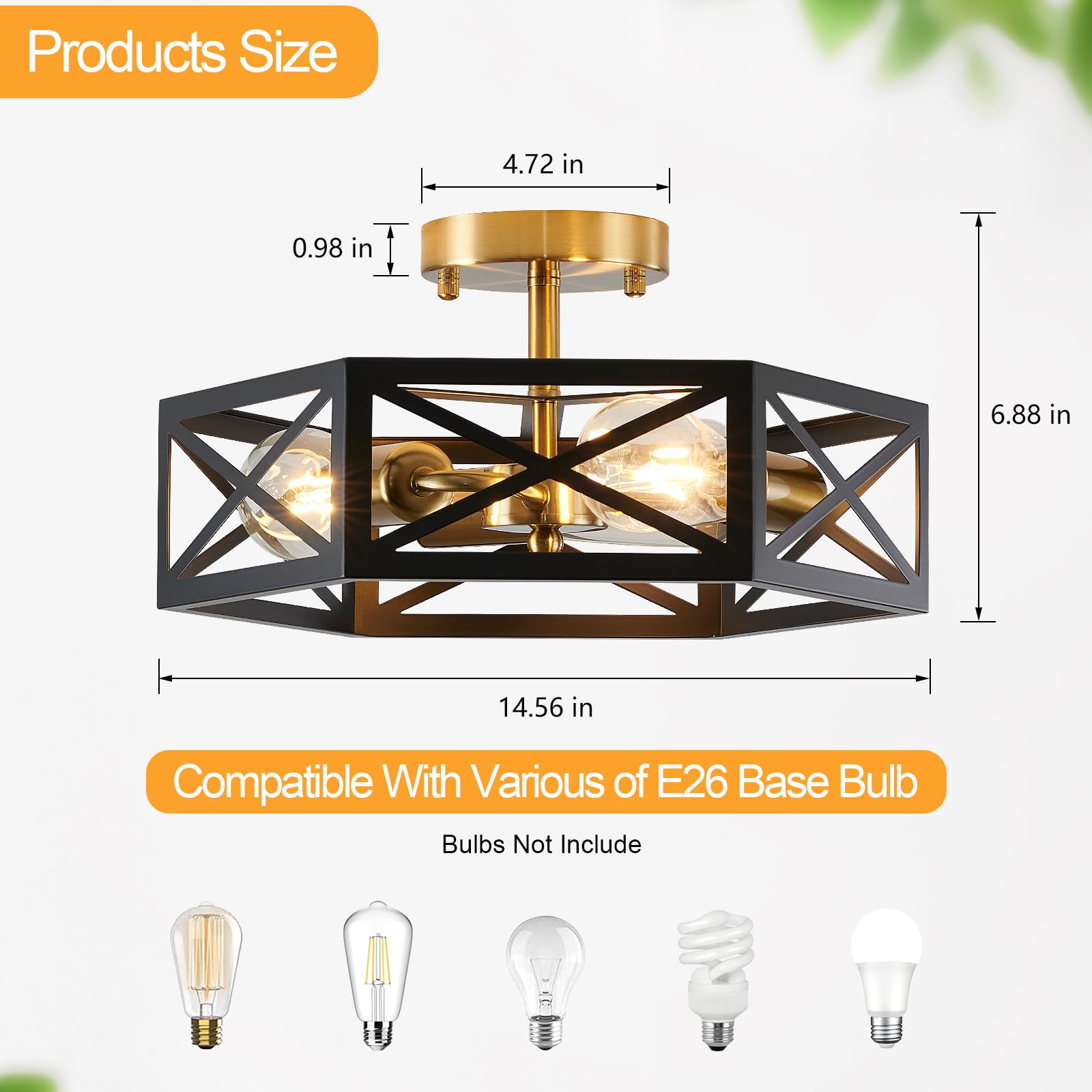 XSDeTu Modern Flush Mount Ceiling Light, 3-Light Black Gold Metal Hexagon Cage Fixture for Kitchen, Hallway, and More