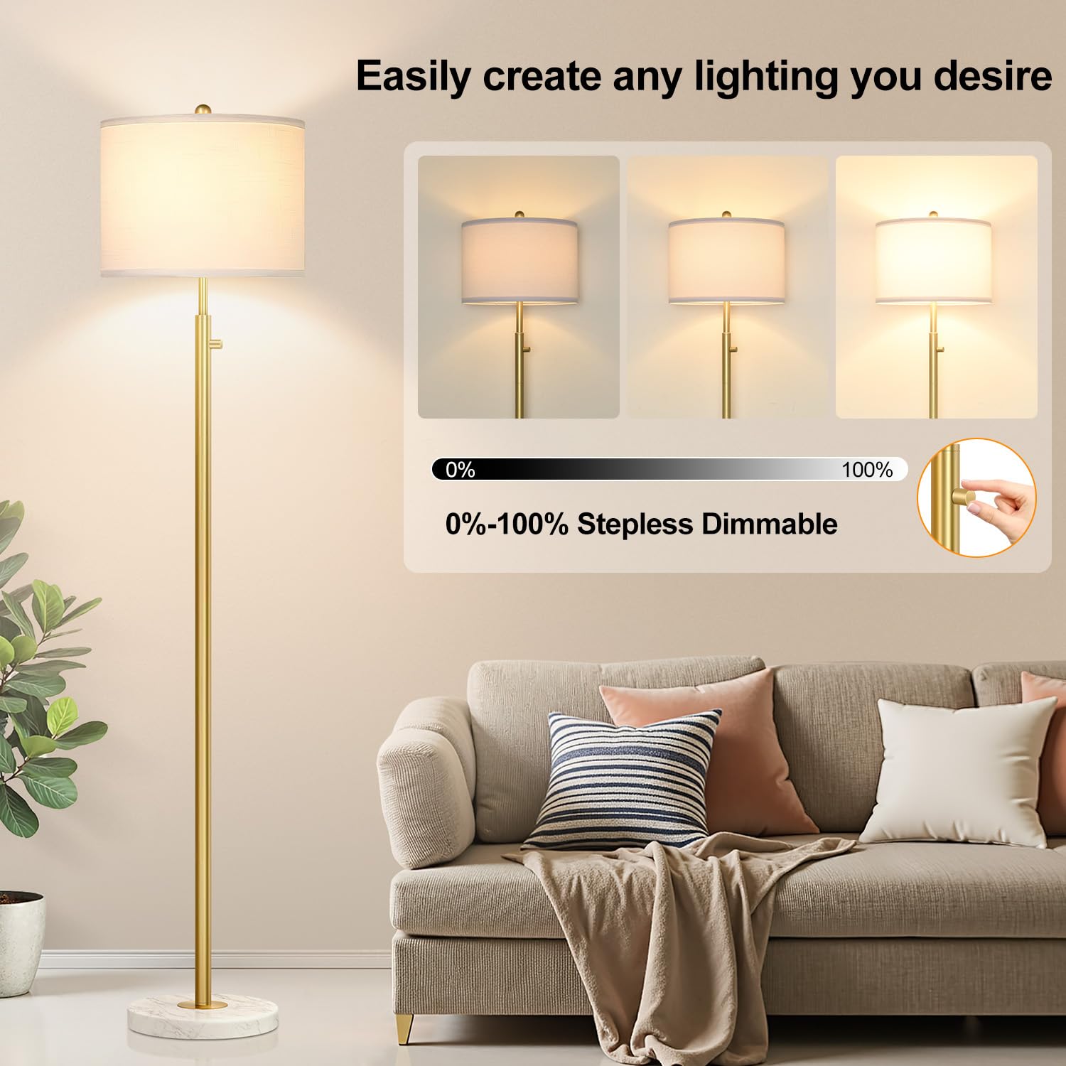 ?Upgraded?Dimmable Gold Floor Lamp For Living Room, 11W Led Bulb Included, Modern Standing Lamp With Marble Base, Tall Pole Ligh