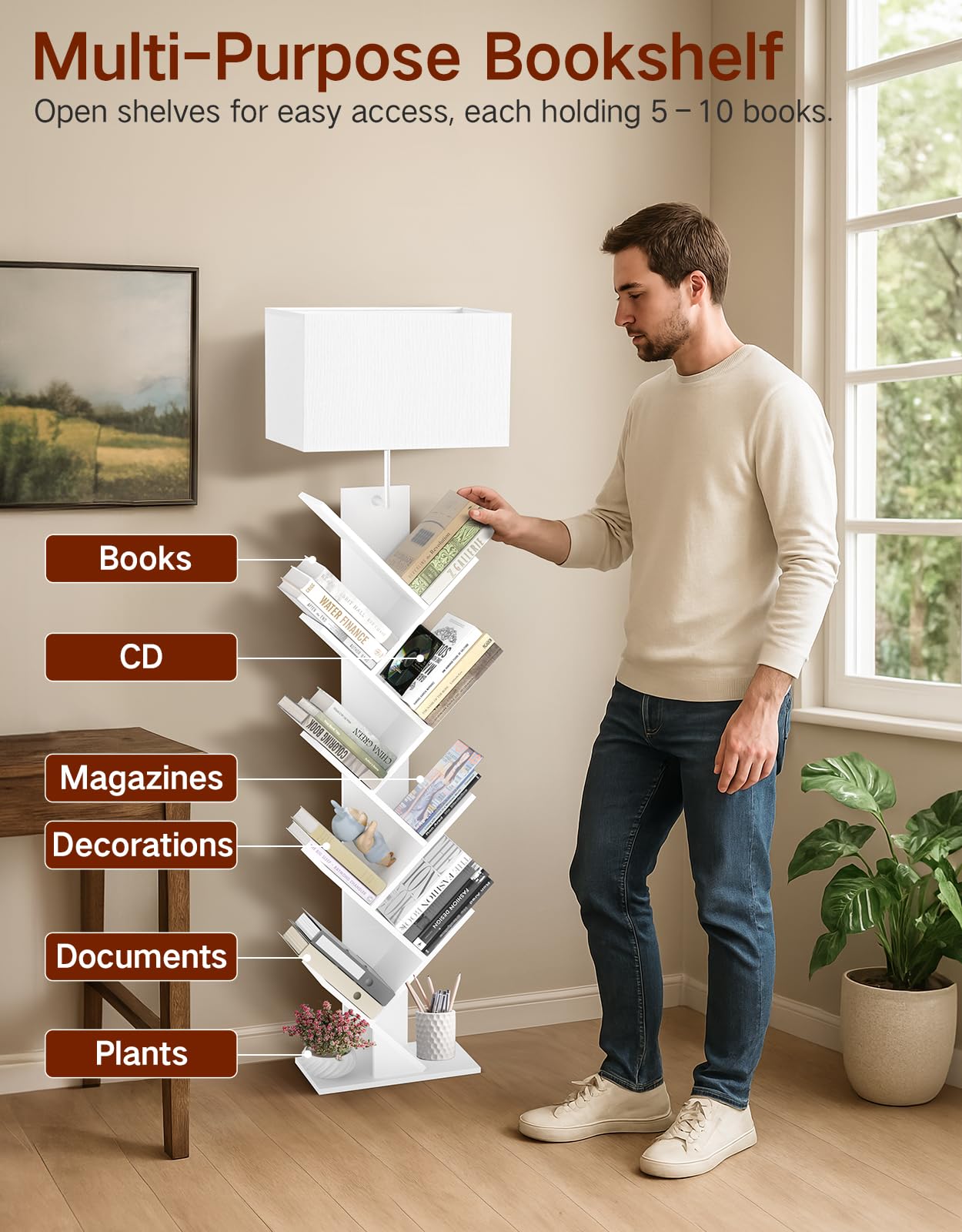 OUTONLIFE 9 Tier Tree Bookshelf with Light, Engineered Wood, 60inH x 13.6inL x 6.7inW, White, Model YMEUSJ05