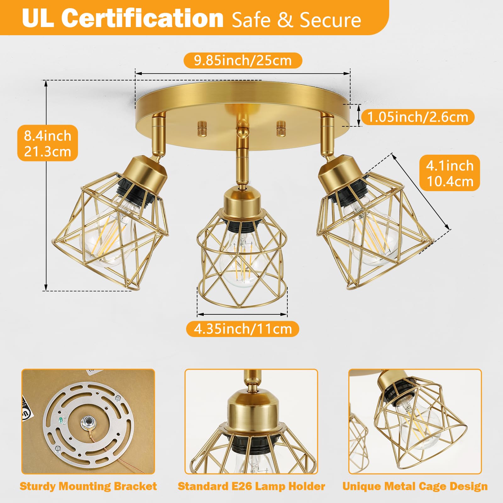 Baocuz 3-Light Brushed Gold Kitchen Light Fixture, Metal Cage Ceiling Light for Farmhouse, Hallway, Dining Room, Entryway