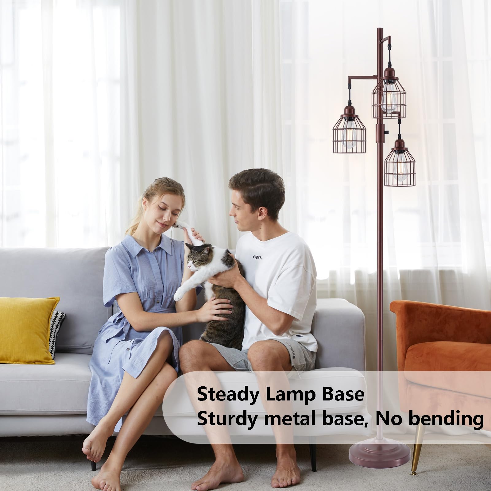 9Mmml Floor Lamp For Living Room, Farmhouse Industrial Dimmable Floor Lamp, 3 Lights Metal Cage Tree Standing Lamp,68'', 3Pcs Le