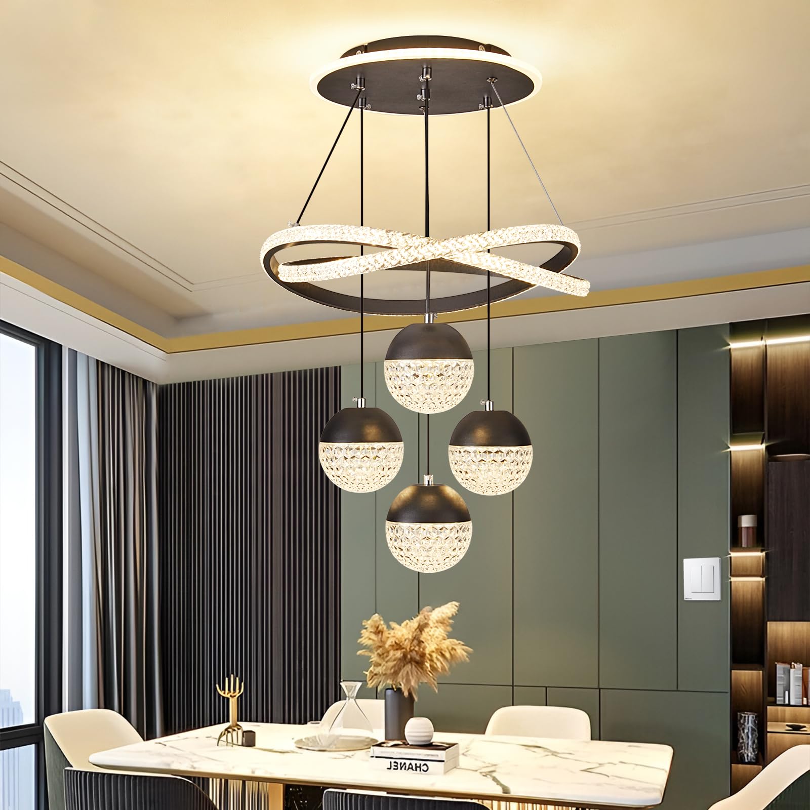 Spavzeme Modern Led Chandeliers, Dimmable 3-Color Kitchen Island Pendant Light For Dining Room, Bedroom, Living Room, Contempora