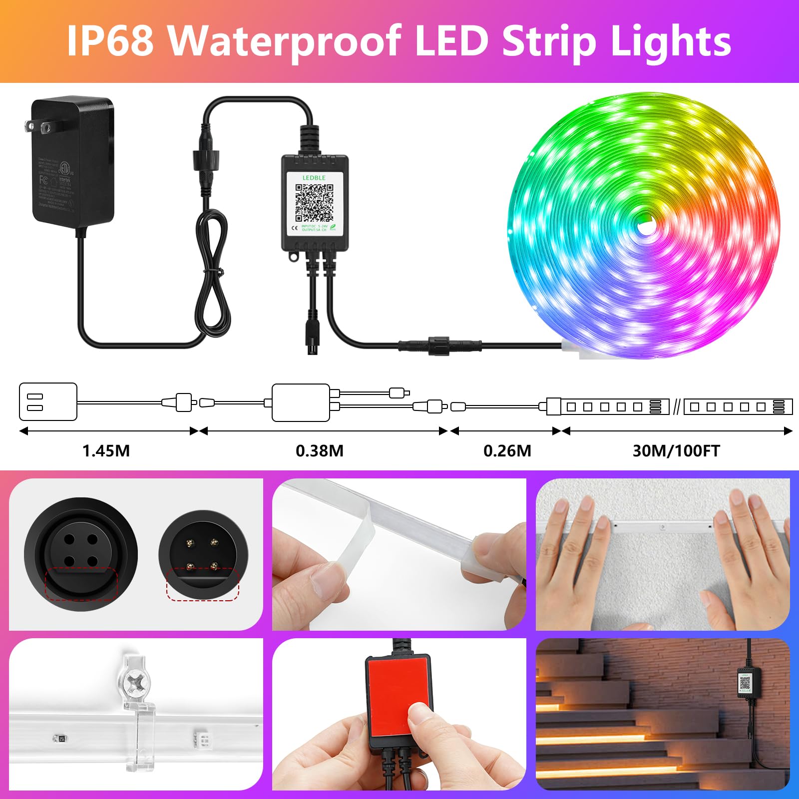 HUEMIHUI 100Ft Outdoor LED Strip Lights, Waterproof IP68, RGB Color Changing, Flexible PVC, with IR Remote & APP, Model HUEMIHUI-1