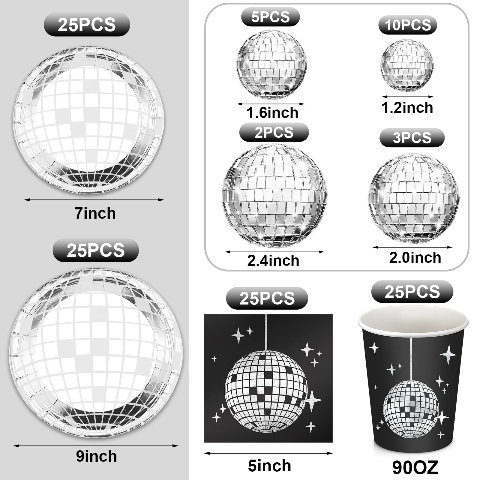 Marsui Disco Party Decor Set - 121 Pcs with 25 Disco Balls, Paper Plates, Cups, Napkins, Table Runner - Black & Silver