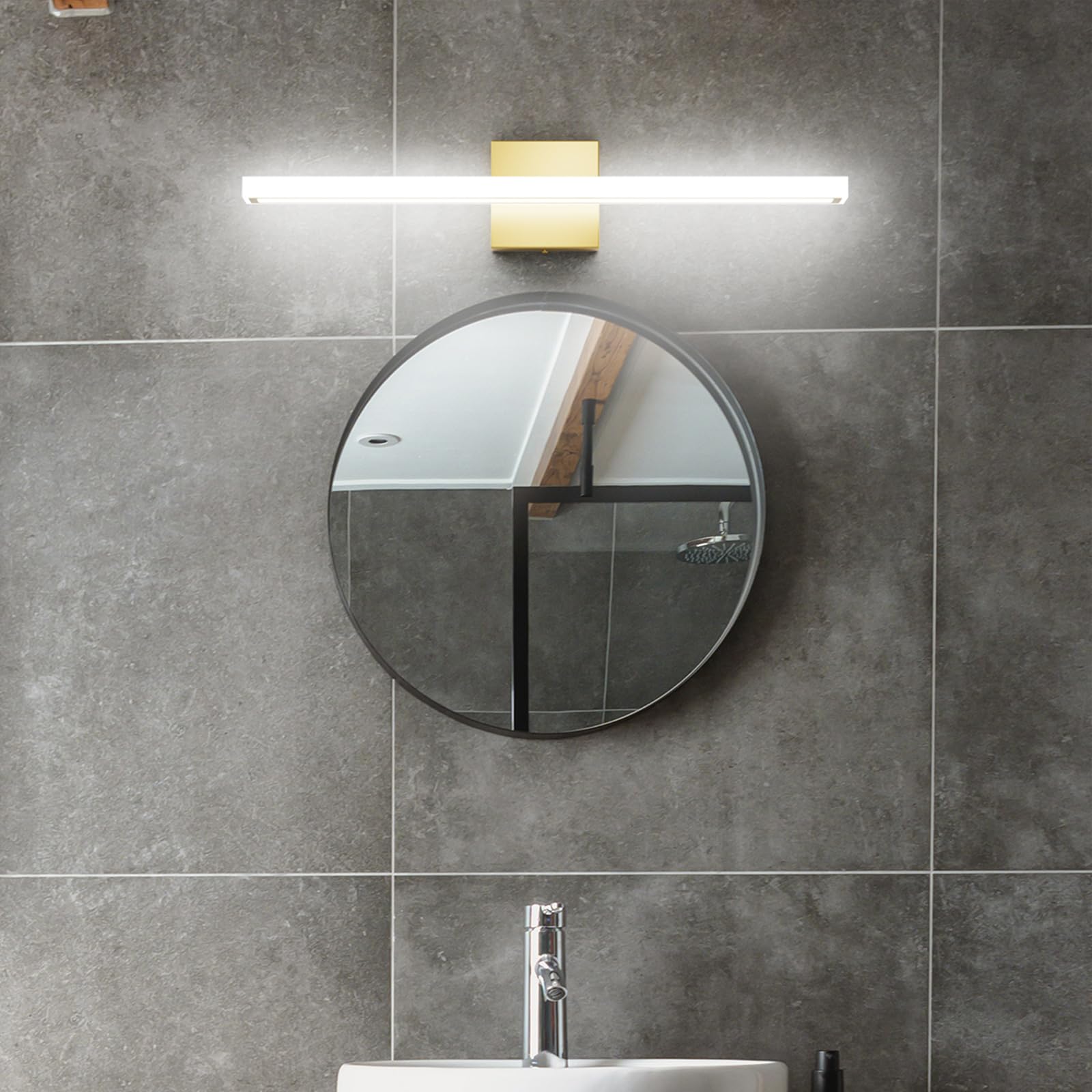 lundwa 24inch Gold LED Bathroom Vanity Light Bar, 18W Modern Fixture, Cool White 6000K, Model JS6181, Stainless Steel