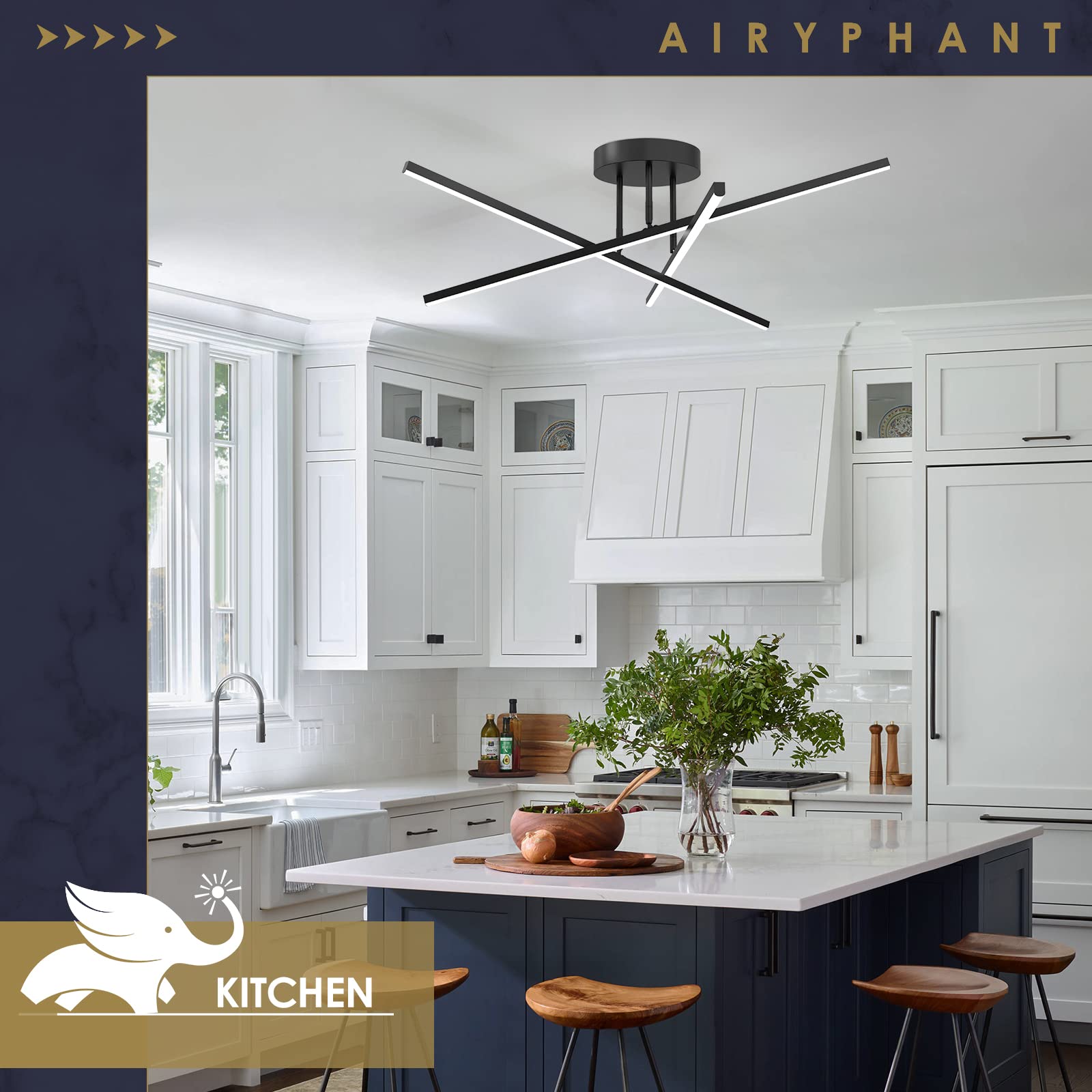Airyphant Modern Led Chandelier 18W Dimmable Black Semi Flush Mount Ceiling Light Fixture For Kitchen Dining Room Foyer Entry, 2