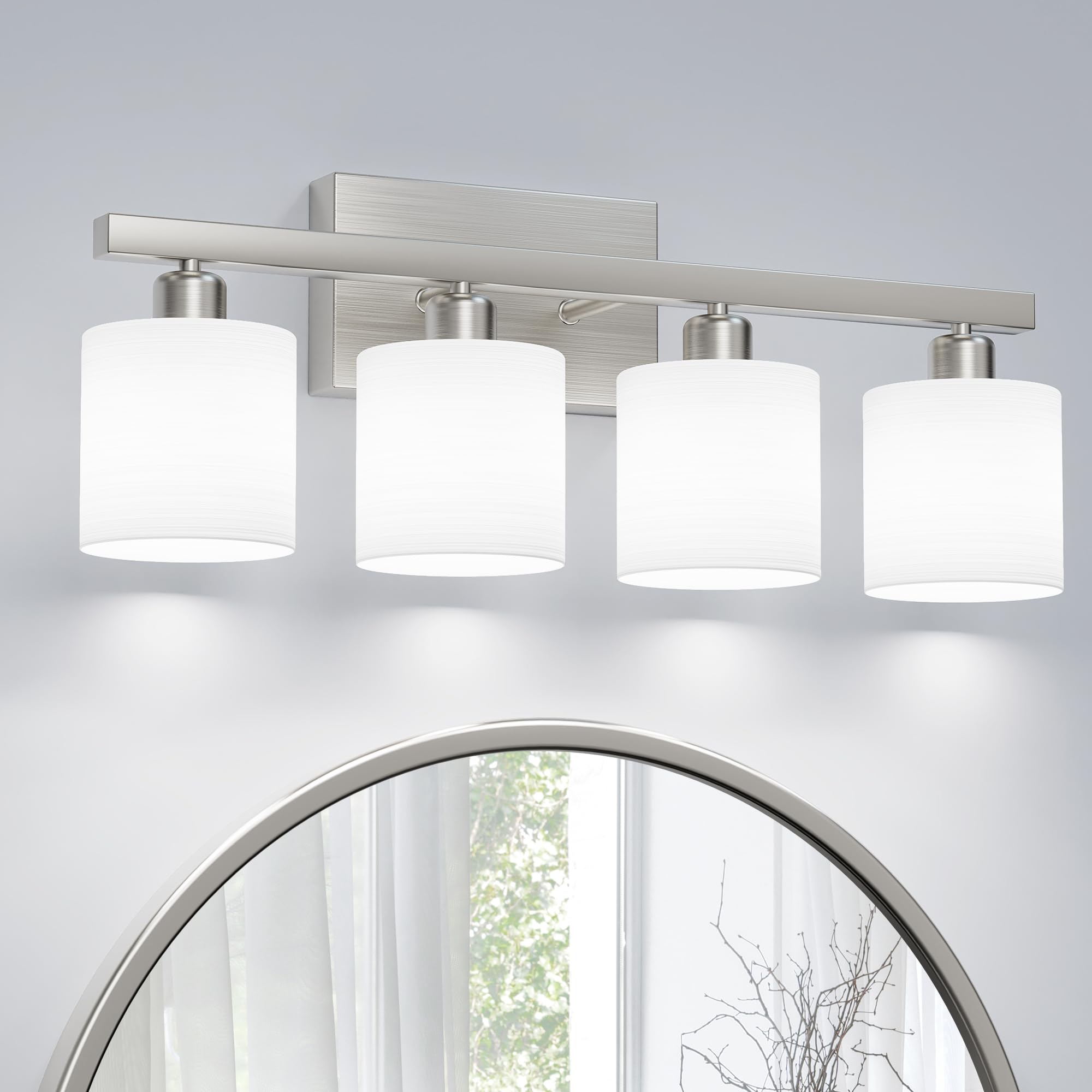 PARTPHONER Classic Vanity Lights, 4-Light Brushed Nickel, Frosted Opal Glass Shades, Model PAWL201AS1
