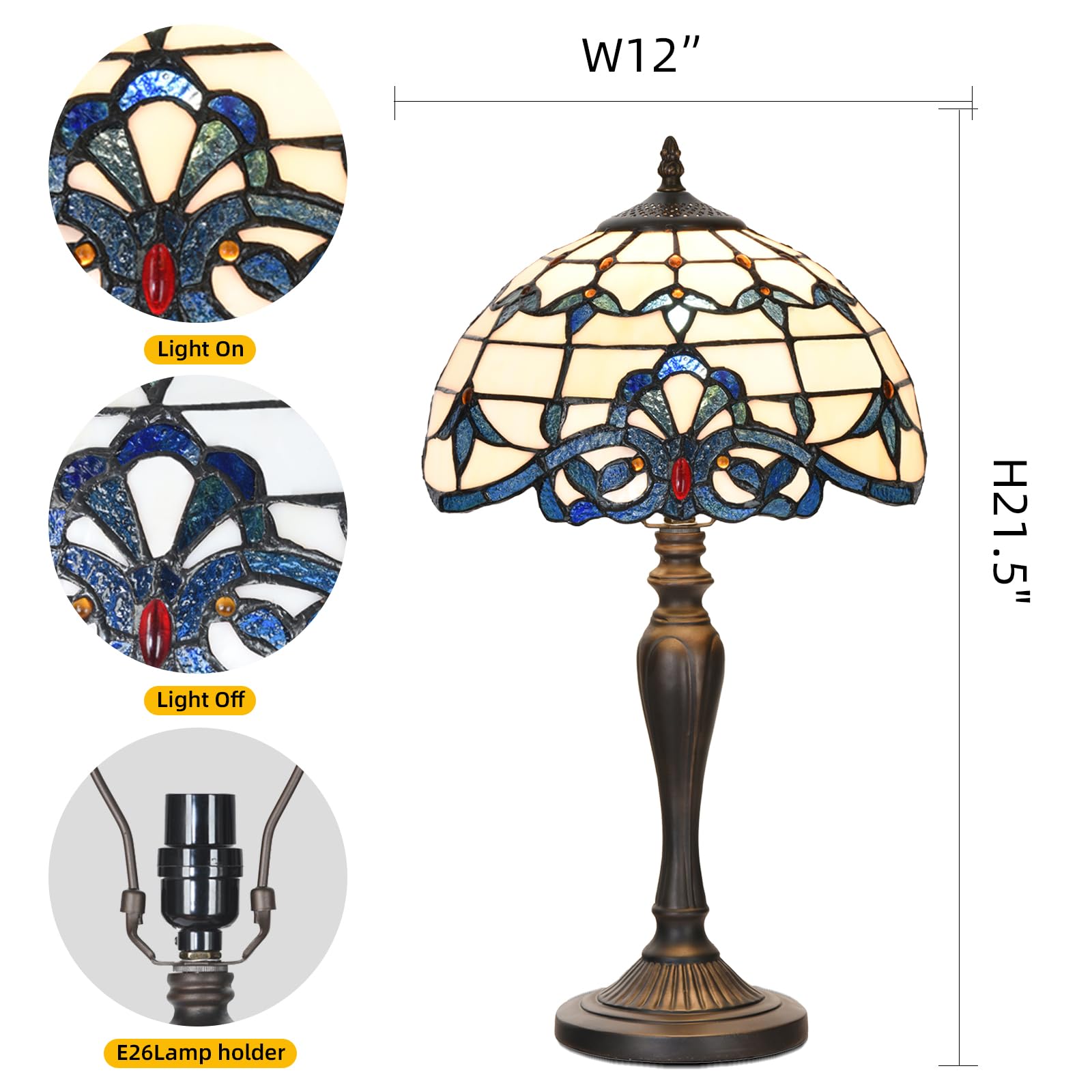 Homebeauty Tiffany Table Lamp Bedside Stained Glass Lamp Blue Baroque Reading Desk Light 12X21.5 Inches For Bedroom Living Room