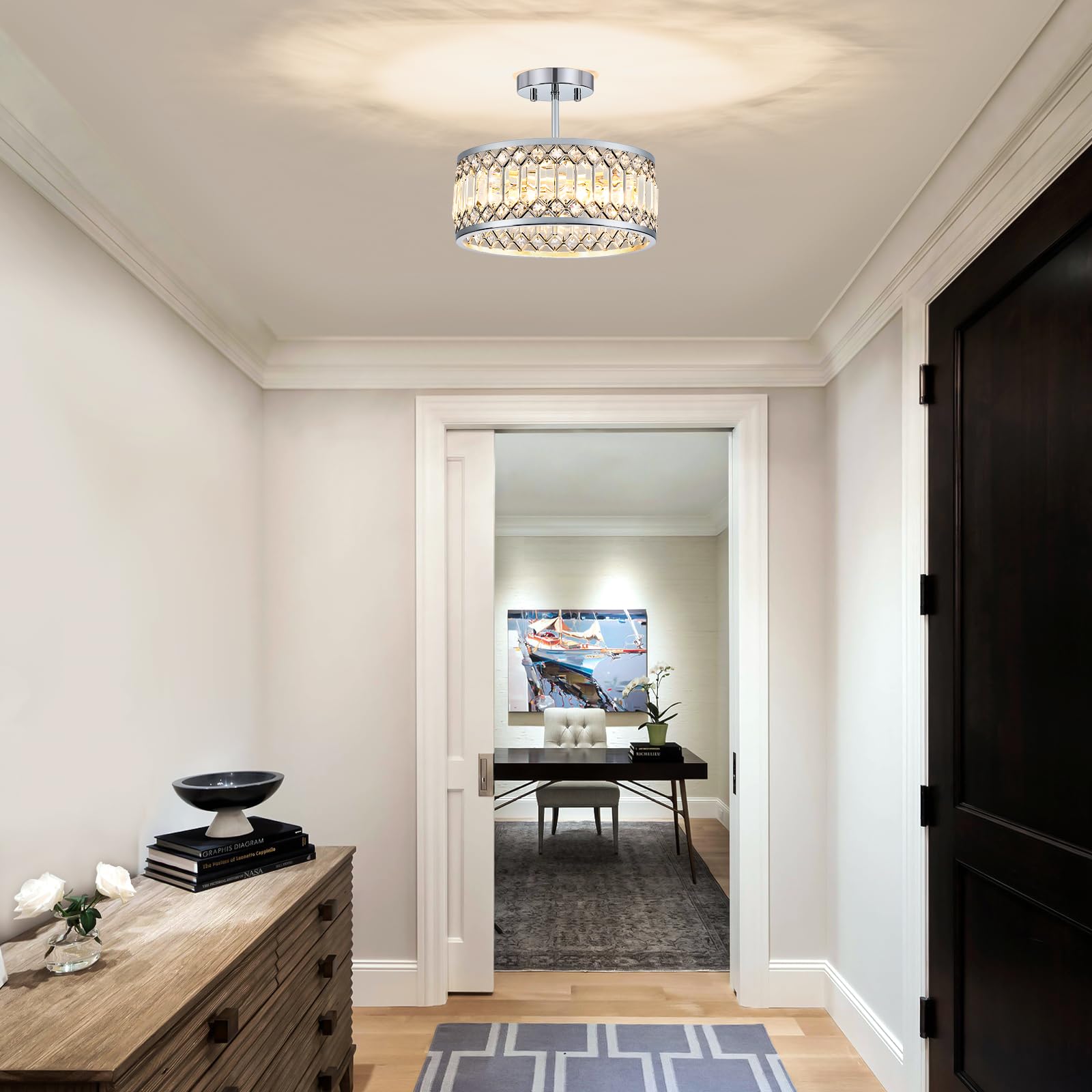 Pevfah Crystal Chrome Ceiling Light Fixture, 3-Light, 12.2 Inch, Modern Semi Flush Mount Chandelier for Kitchen, Entryway, Bedroom