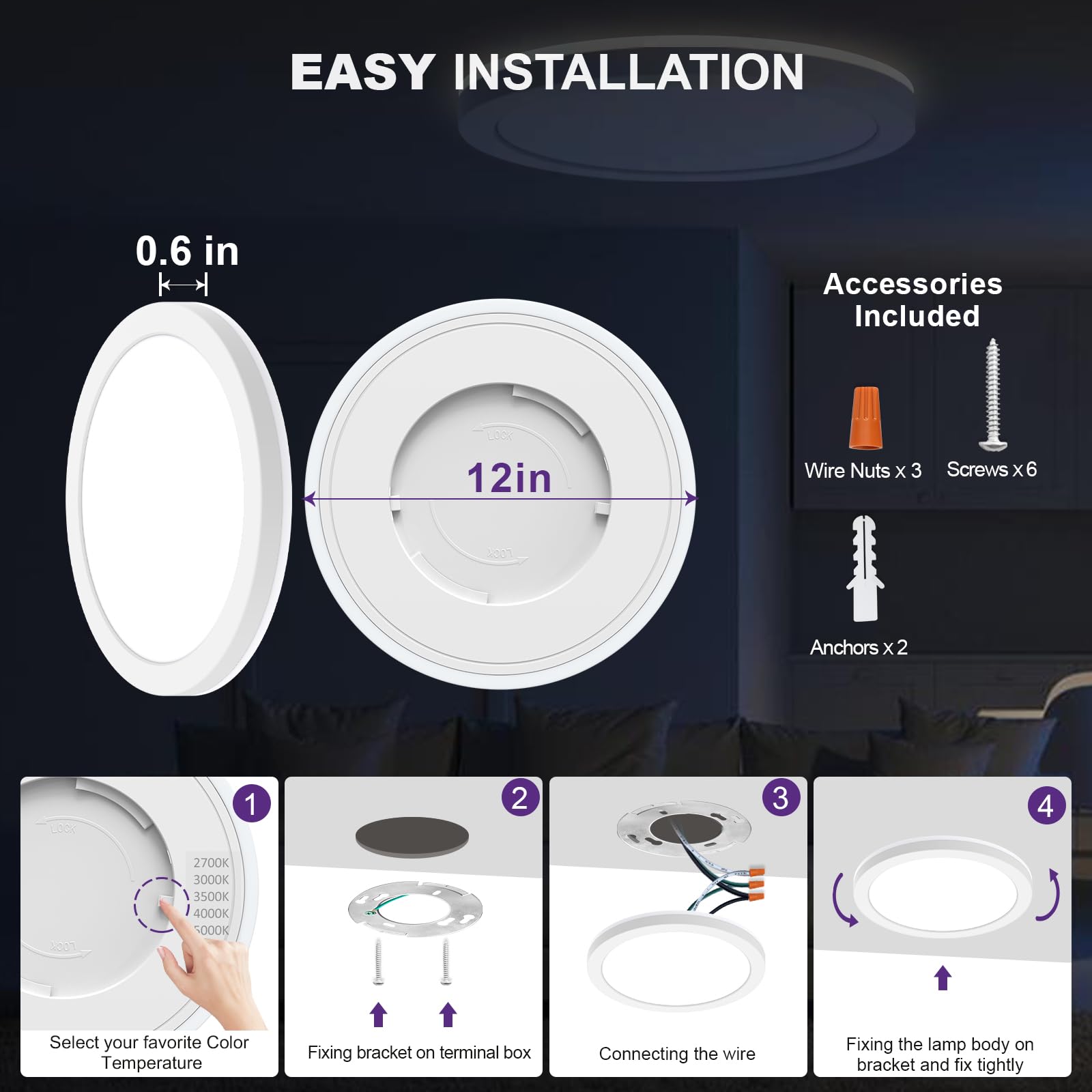 Sofiton 12 Inch Led Flush Mount Ceiling Light Fixture With Night Light, 2700K/3000K/3500K/4000K/5000K Selectable, 24W 1500Lm Dim