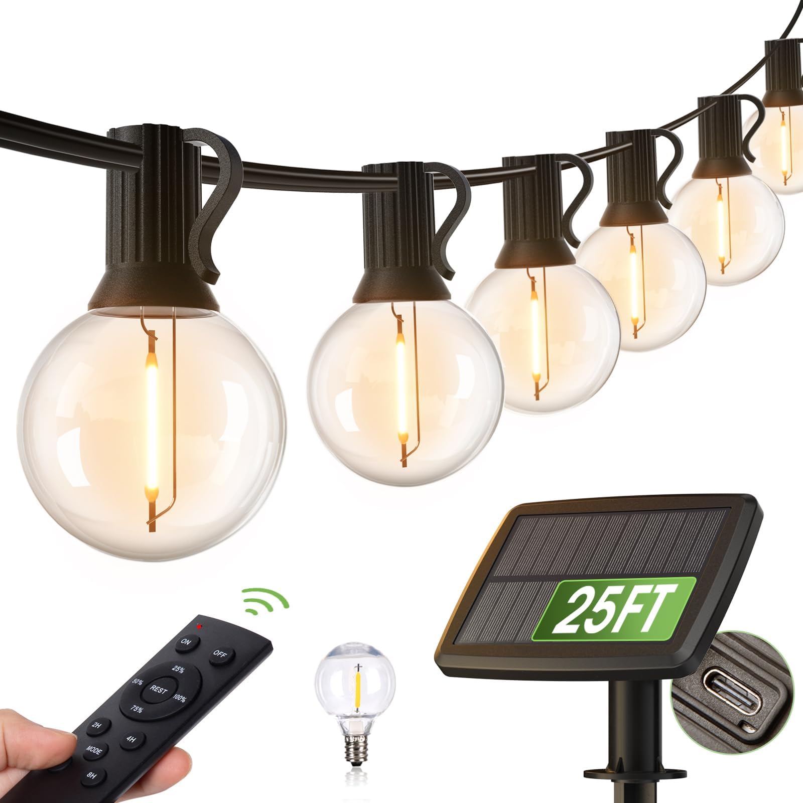 addlon 25FT Solar Powered Outdoor String Lights Waterproof with Remote, G40 Solar Powered String Lights with 13 LED Shatterproof