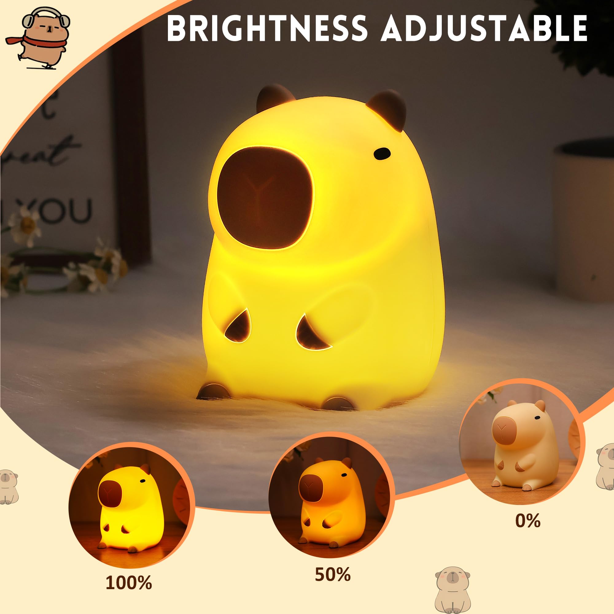 Okayera Capybara Night Light, Silicone Lamp, Dimmable, Rechargeable, Model DS-CPBR-01, White, Perfect for Kids and Nursery Decor