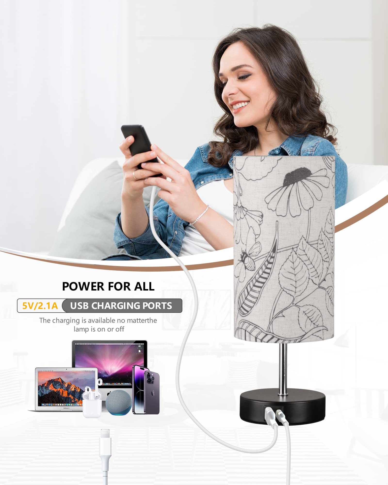 Lanmonlily Touch Control Desk Lamp With 2 Usb Ports, 3-Way Dimmable Bedside Lamp For Bedroom, Nightstand Lamp With Round Flower Fabric Shade For Living Room, Home Office